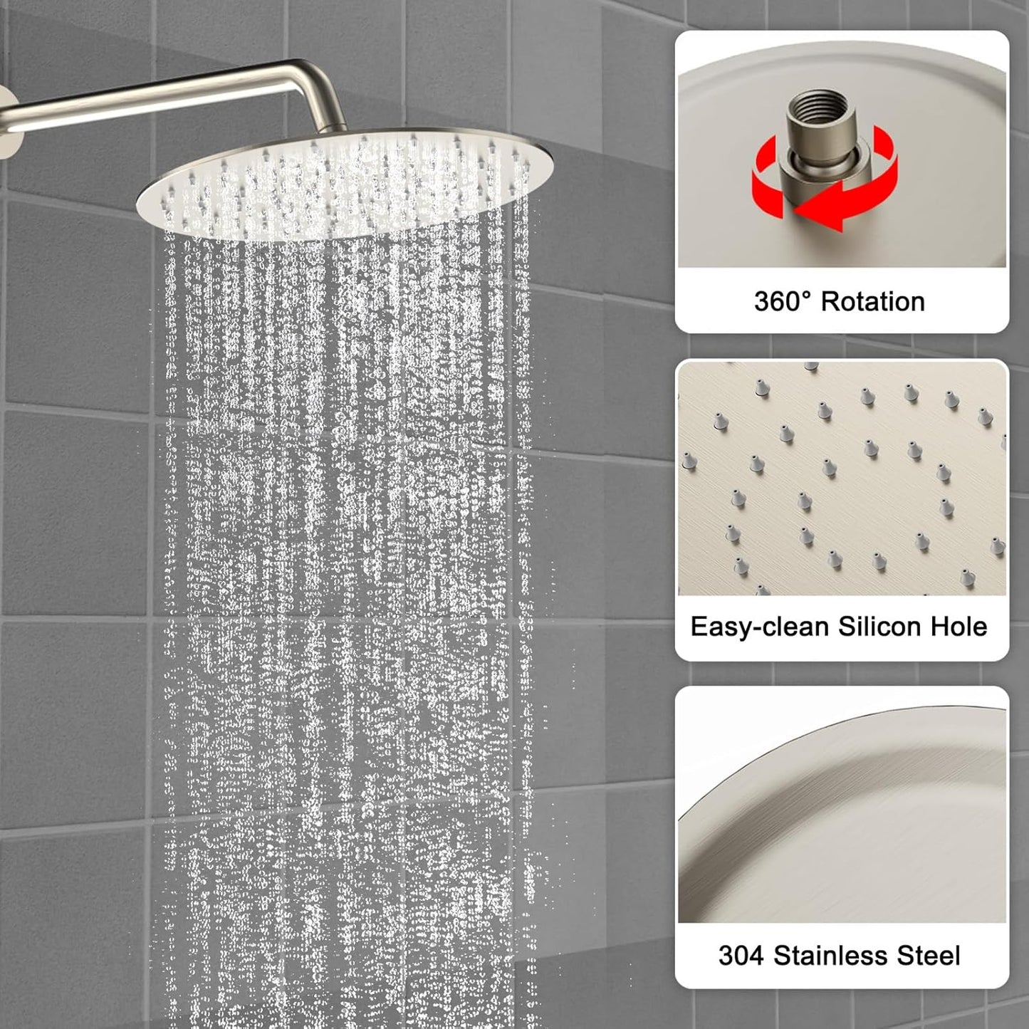 Shower Faucet Set 10IN Brass Rough-In Valve Body Trim Kit Rainfall Included Handle Accessories Complete 2 Functions with Rain Head and Handheld Bathroom Systems (10'', Brushed Nickel)