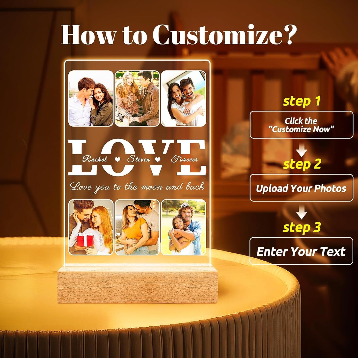 Personalized Picture Frame with Photo, Custom Photo Frame with Night Light, Custom Picture Frames, Customized Anniversary Valentines Day Gifts for Her Him Women Men Girlfriend Boyfriend Couples