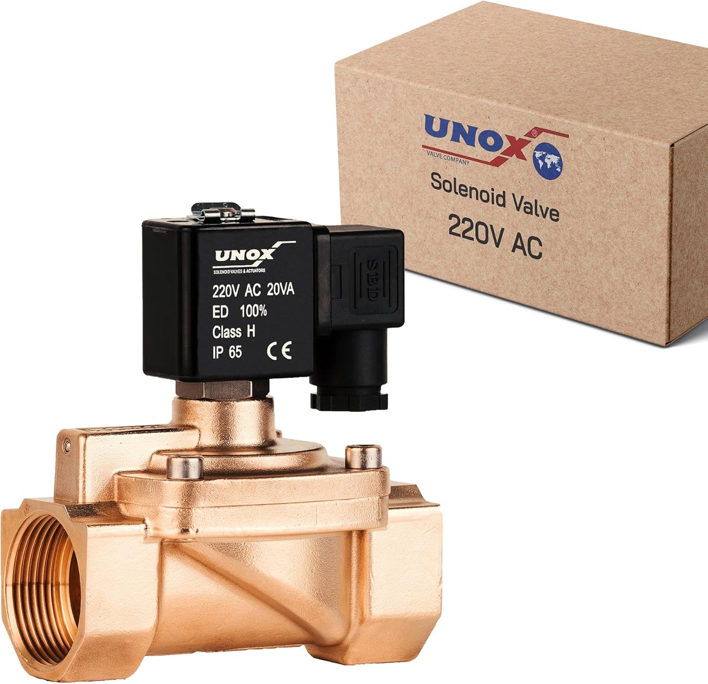 UNOX 1 1/4" NPT Solenoid Valve 220V AC, Brass Control Valve Normally Closed - 7-232 PSI Multi-Purpose Reliable Control Valve for Water, Air, and Gas - Solenoid Valves