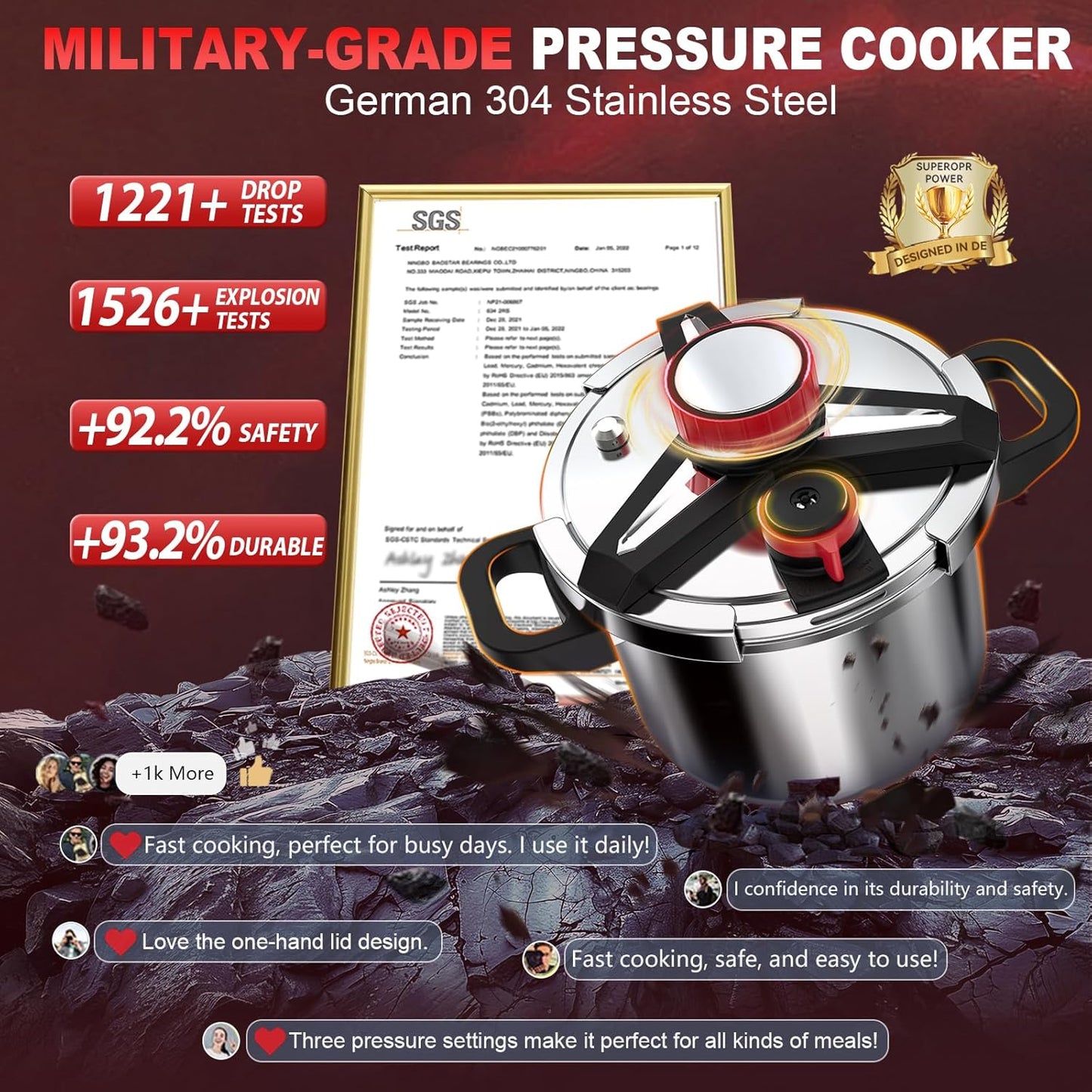 3-In-1 304 Stainless Steel Pressure Cooker 10 QT: [Explosion-Proof] [3 PSI Settings], One-Hand Locking, Induction Compatible, Glass Lid & Steamer Rack Included, Olla de Presion