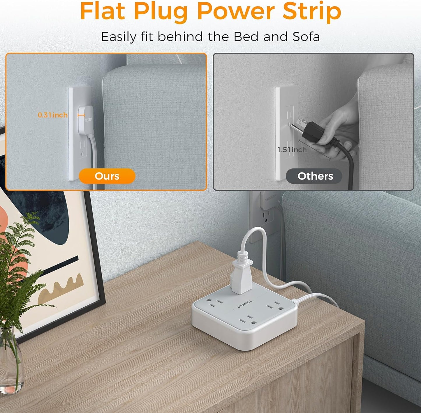 10 FT Surge Protector Power Strip, TESSAN Extension Cord Flat Plug with 4 Widely Outlets Extender, Indoor Desk Charging Station with Surge Protection for Home, Office Supplies, Dorm Room Essentials