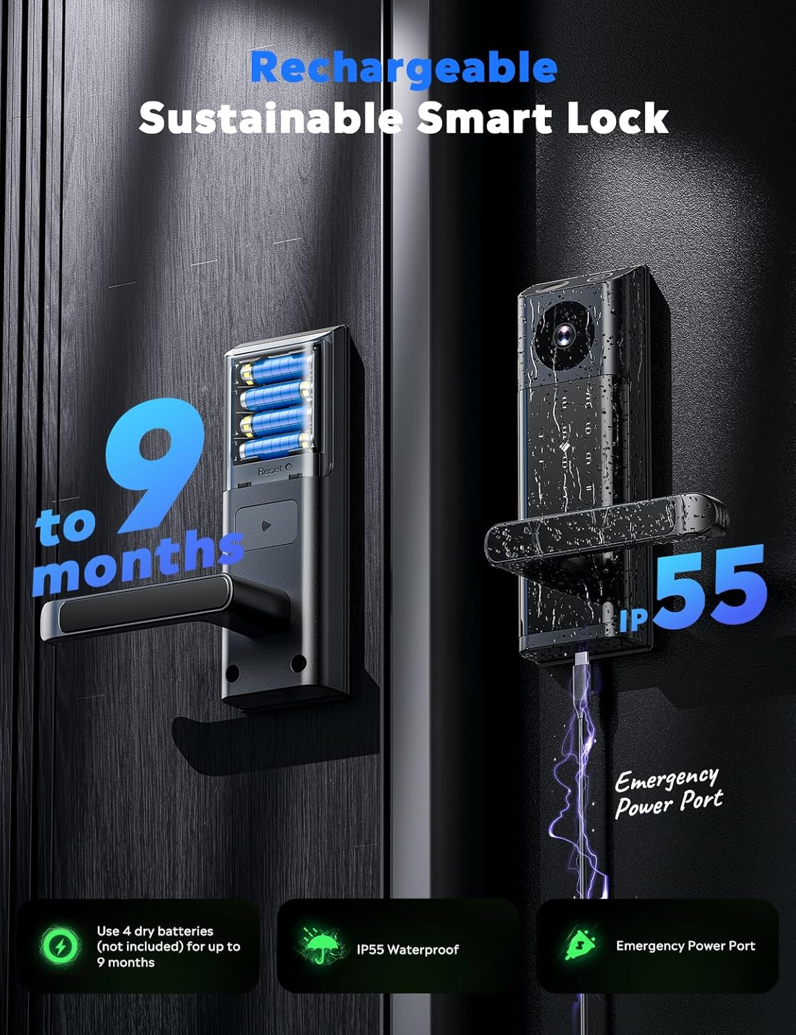 CAMCAMP Smart Door Lock, Keyless Entry Door Lock with Handle,Deadbolt Smart Lock for Front Door,WiFi Video Smart Lock with Camera & Doorbell,12 Months Battery,App Control,2-Way Audio,IP66Waterproof