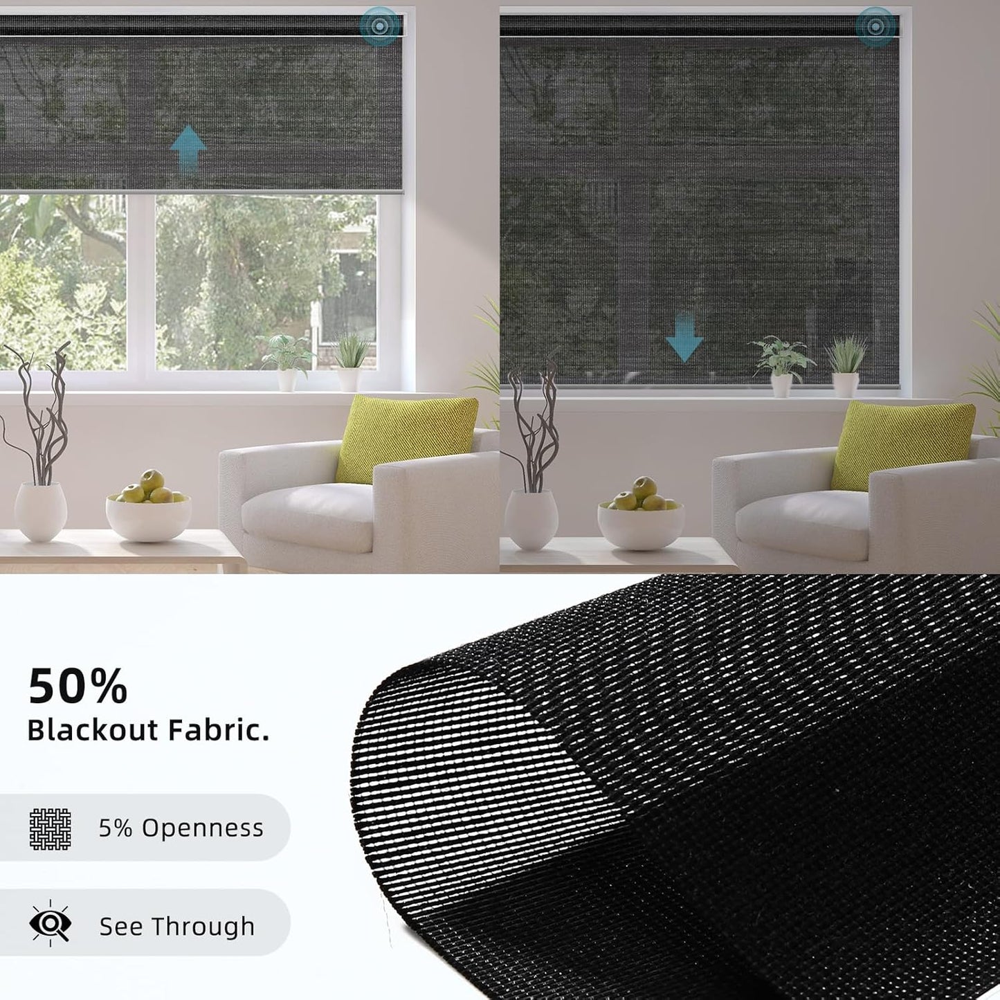 SmartWings Motorized Smart Blinds for Windows in Light Filtering, Electric Remote Roller Shades Compatible with Alexa/Google Home/Homekit, Custom Up to 110”W x 148”H, 5% Openness PVC Free Black
