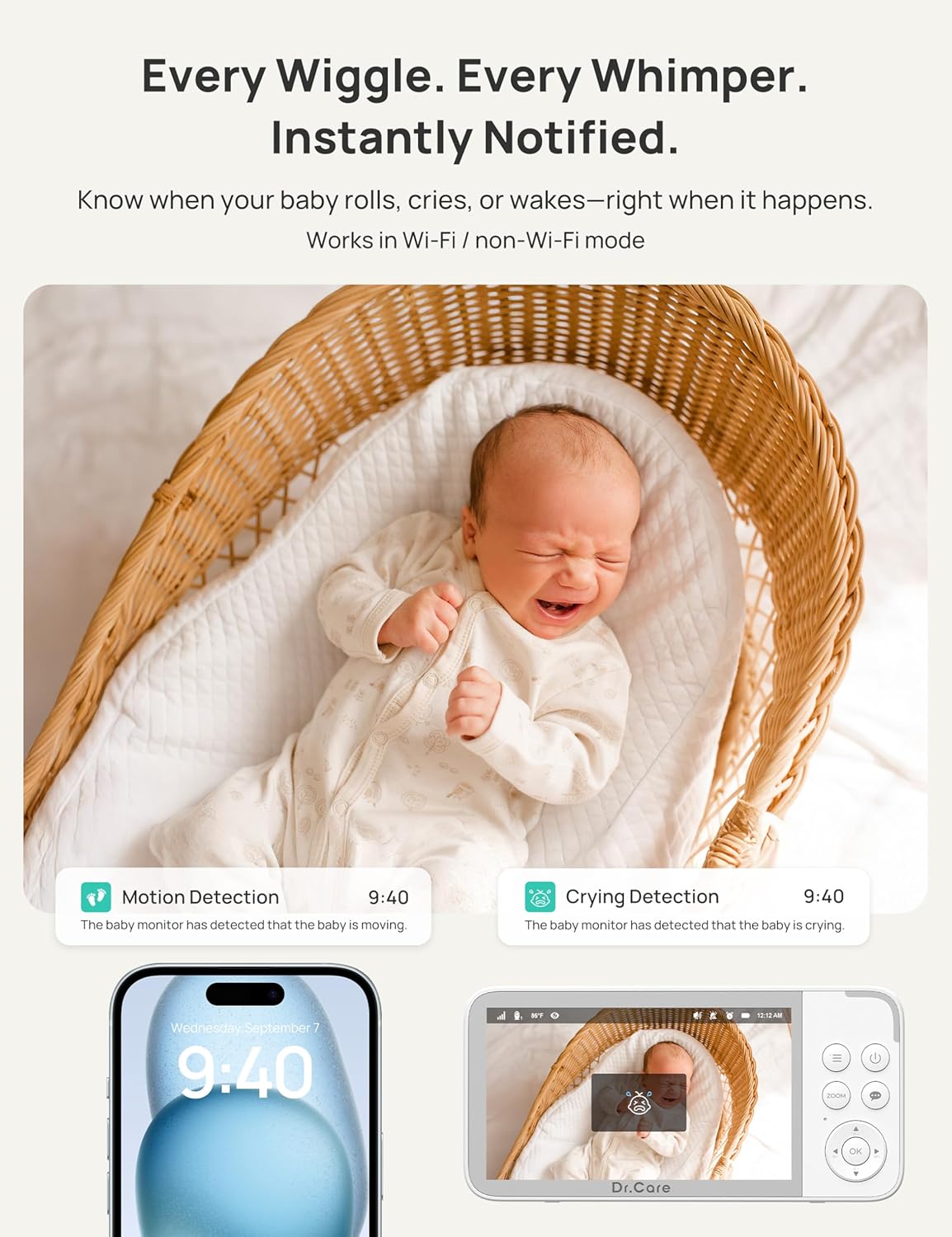 Dr.Care VistaView 5” Smart WiFi Baby Monitor - 2K Camera App Control & 1080P Split Screen, Cry & Motion Detection, Pan-Tilt-Zoom, Night Vision, Video Recording, Triple Security, 2-Way Audio, 5000mAh