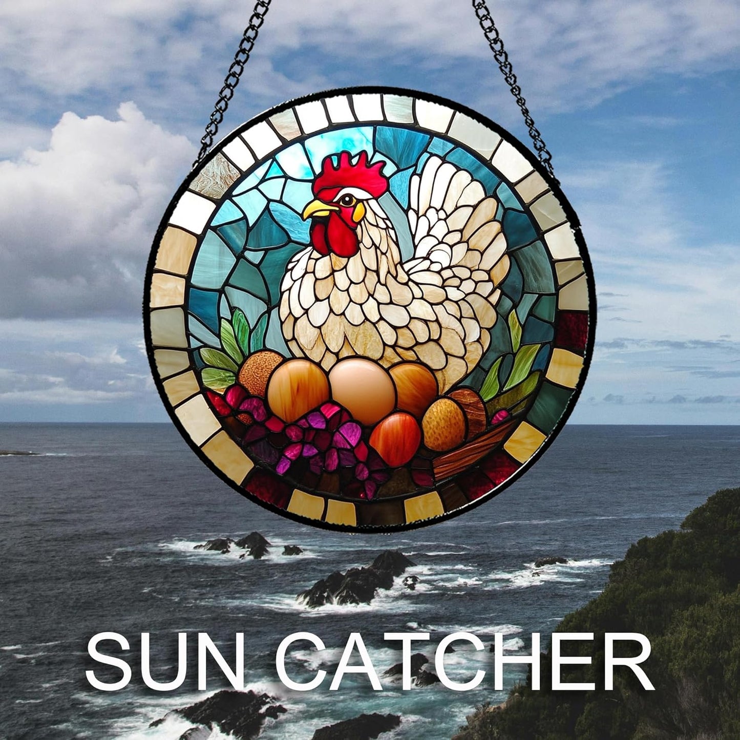 Stained Glass Window Hanging White Chicken Hatching Eggs 7.8" - Suncatcher Door Garden Sunroom Sun Catcher Home Decor Birthday Christmas for Mom Men Woman Nana