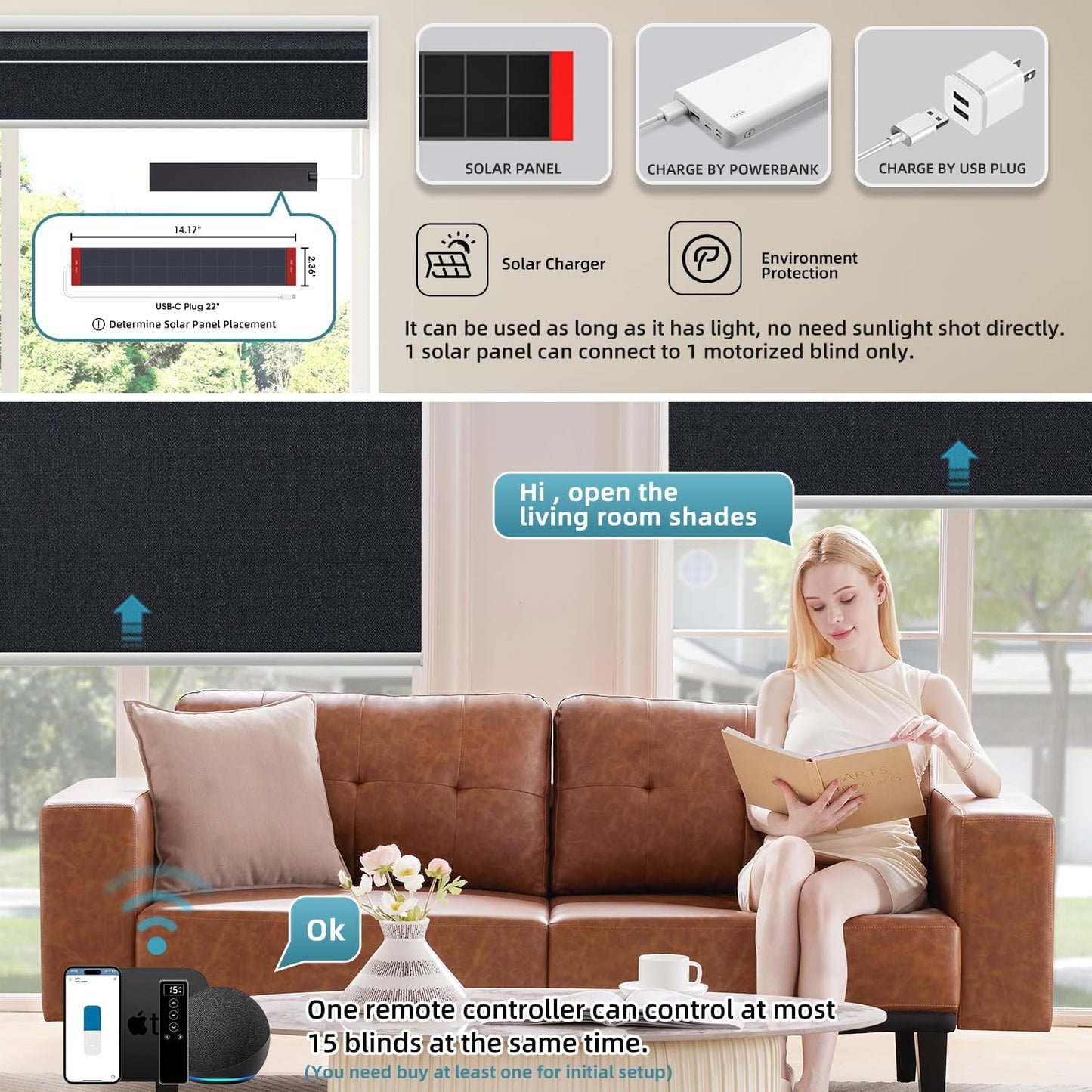 SmartWings Motorized 100% Blackout Shades Blinds, Custom Size, Cordless Window Shades Rechargeable Battery, Work with Matter/Apple HomeKit, Alexa, Thread/Zigbee, Remote Optional, Eclipse Onyx Black