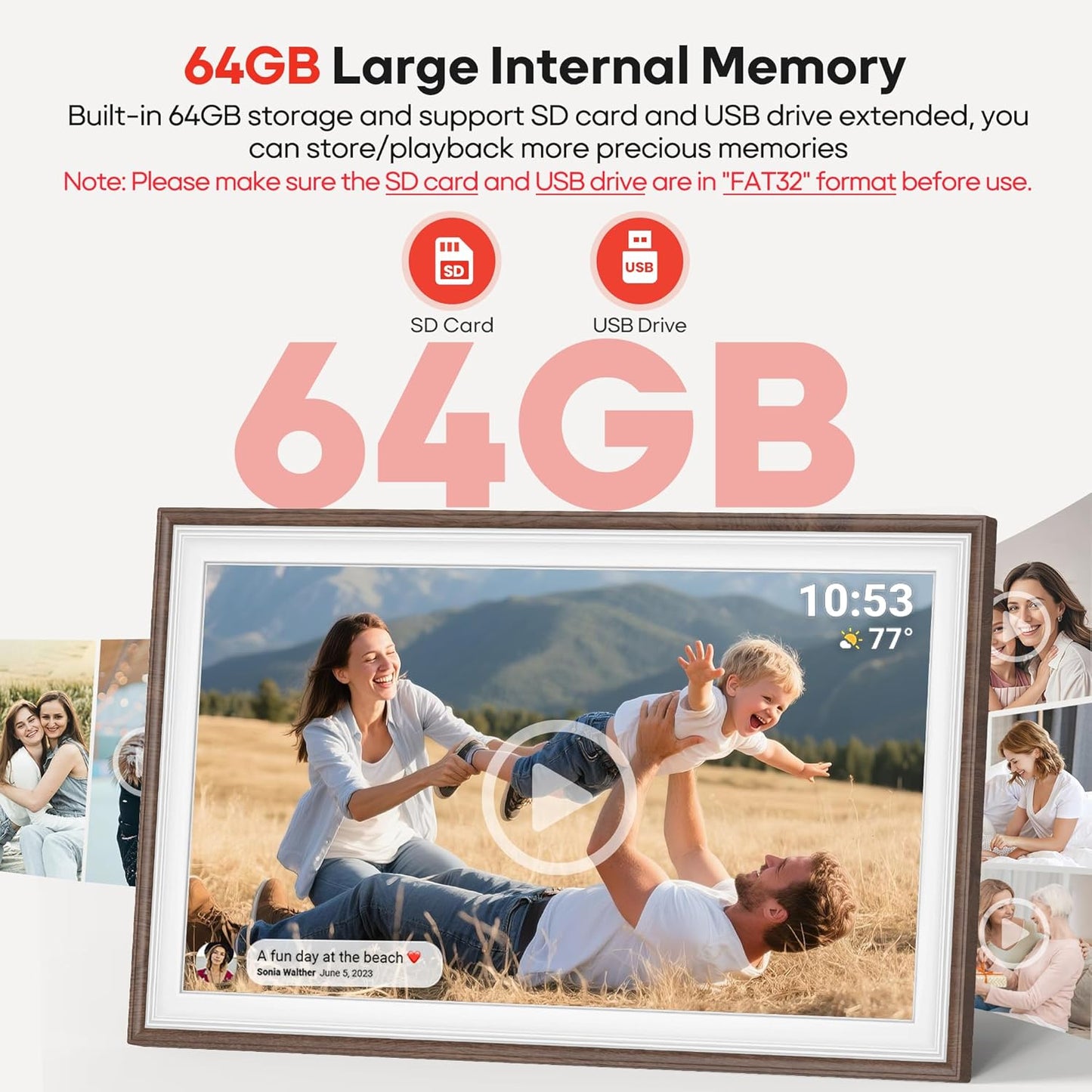 64GB Frameo 15.6" Digital Picture Frame Large 1920 x 1080 IPS FHD Touch Screen WiFi Electronic Photo Frames Share Moments Instantly Anywhere Best Gifts for Parents and Grandparents Brown Wood White
