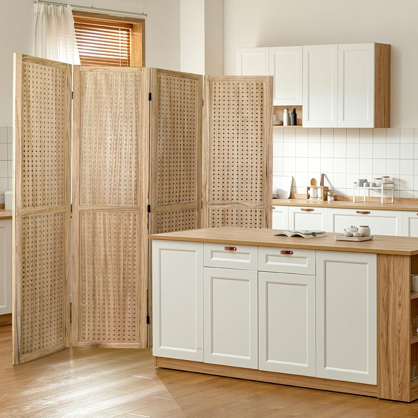 Babion 4 Panel Pegboard Display, Peg Board Room Divider Freestanding Folding Privacy Screens Display Stand for Craft Shows (Natural)