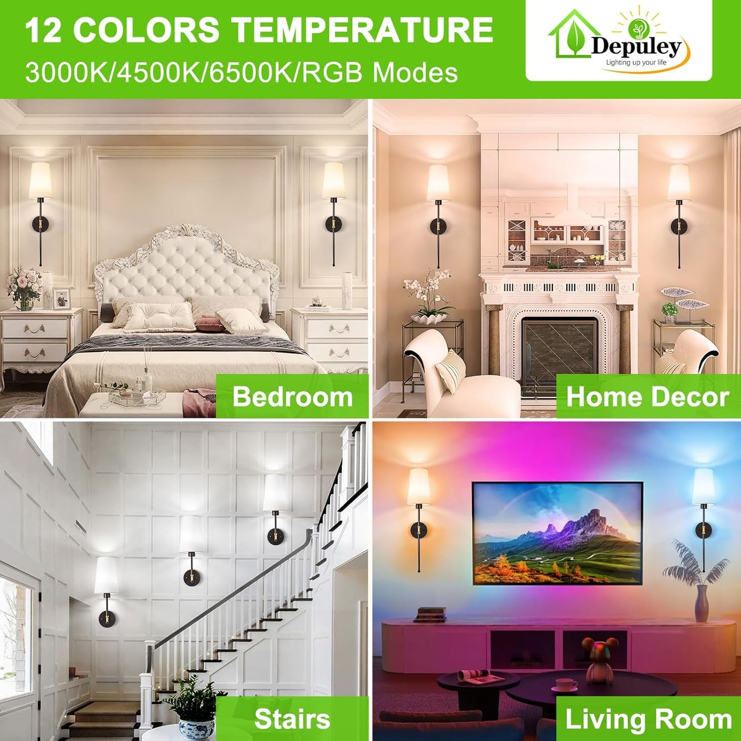 Depuley Battery Operated Wall Sconce: 27" Set of 2 Wireless Wall Lights with Remote for Bedroom - Rechargeable 15 Colors Black and Gold Wall Lamp for Living Room Hallway Decor