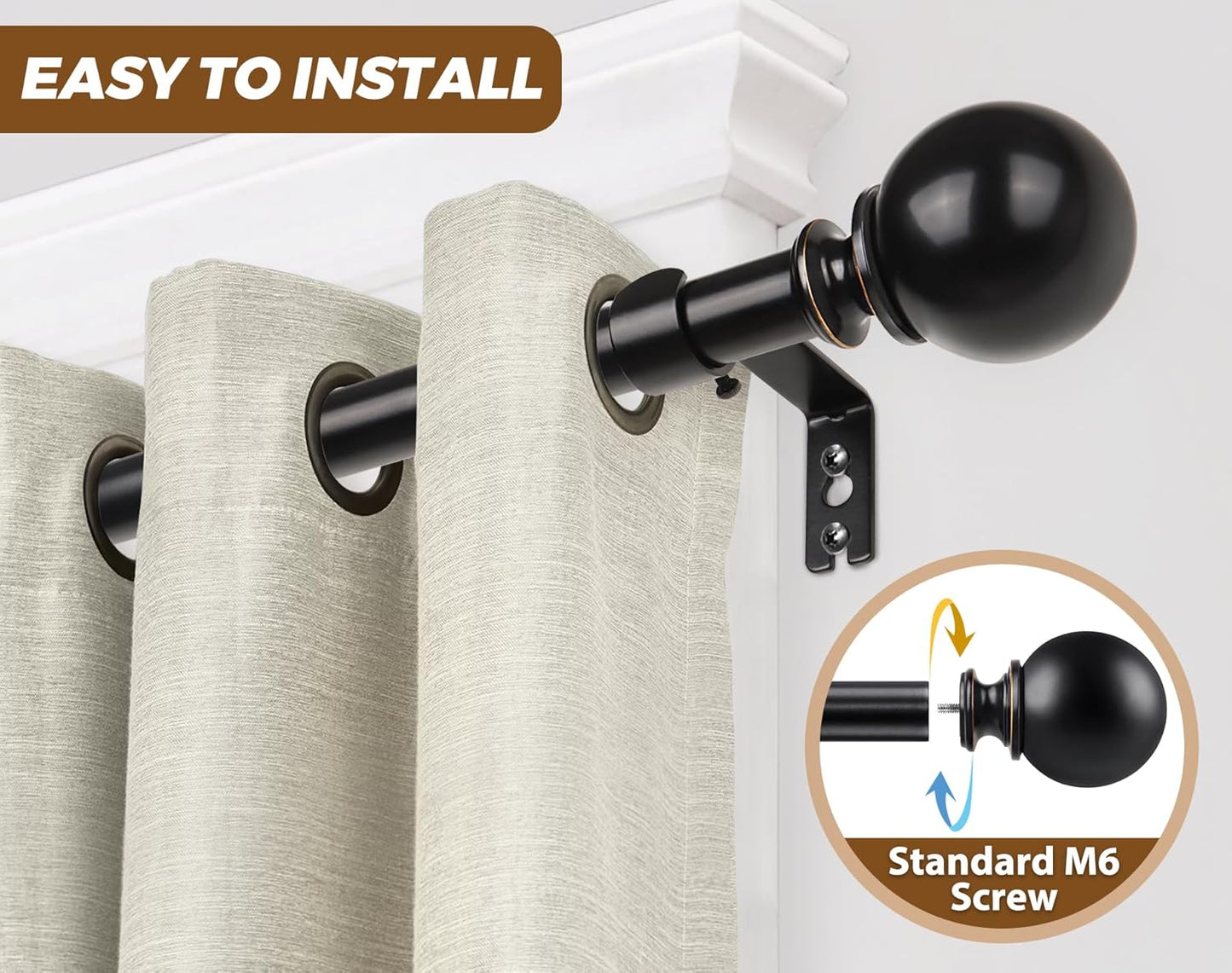 KAMANINA 2 Pack Curtain Rods for Windows 48 to 84 Inch (4-7ft), 7/8 Inch Single Heavy Duty Window Curtain Rod Adjustable Decorative Drapery Rods with Round End, Black