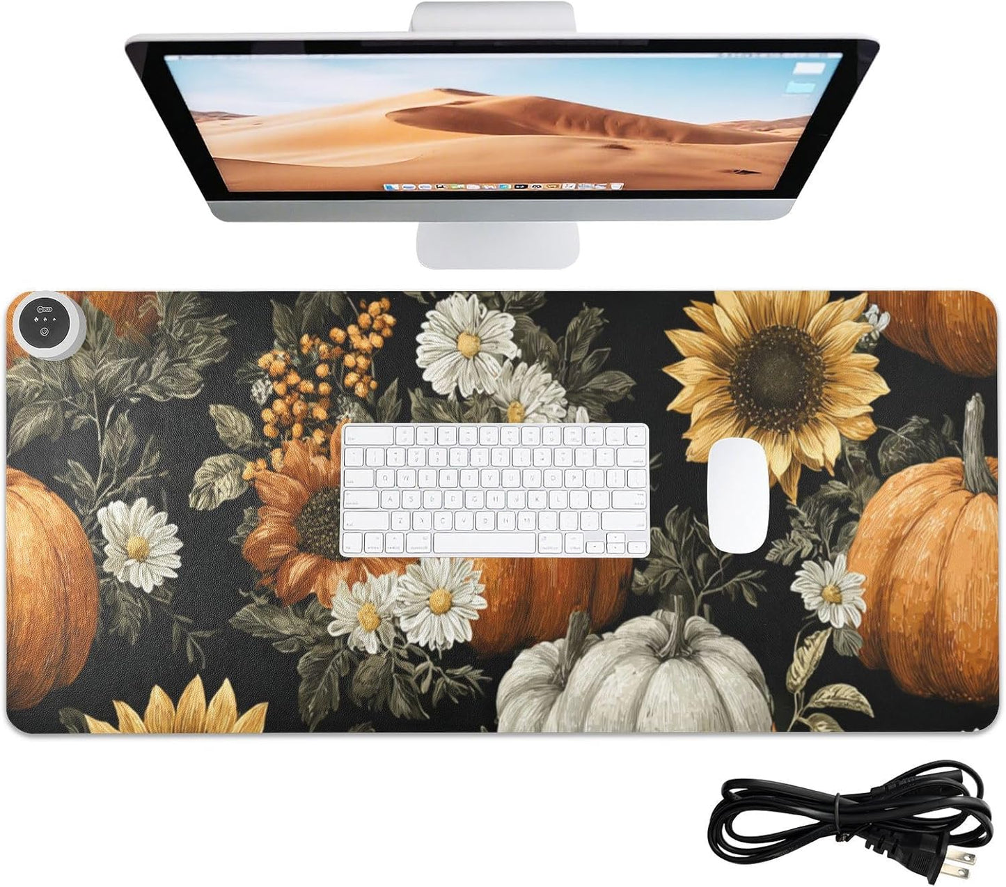 Heated Desk Pad Mouse Pad 31.5x13 Inch PU Leather Desk Mat with 3 Heat Levels Large Mouse Gaming Computer Laptop Mat Black Pumpkins Sunflowers Daisy