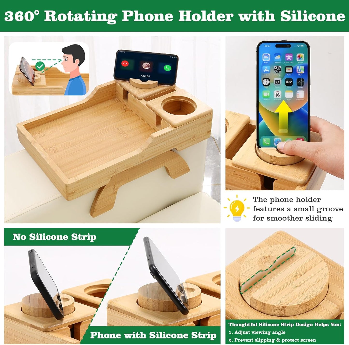 Bamboo Couch Cup Holder, 4 in 1 Couch Arm Trays with 360°Rotated Phone Holder, Non-Slip Clip on Side Table for Drinks/Remote/Snacks, Ideal Gift for Husband, Wife, Parents