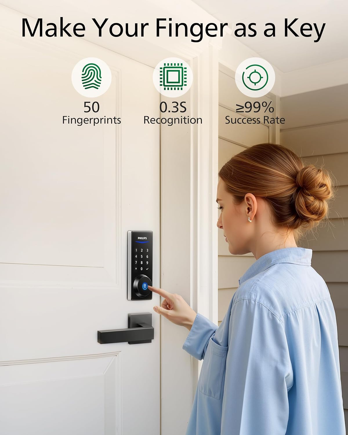 Philips Fingerprint Electronic Door Lock, Keyless Entry Door Lock with Touchscreen, Long-Last Battery Life, Auto-Lock, One-Time Code, One-Touch Locking, Satin Nickel
