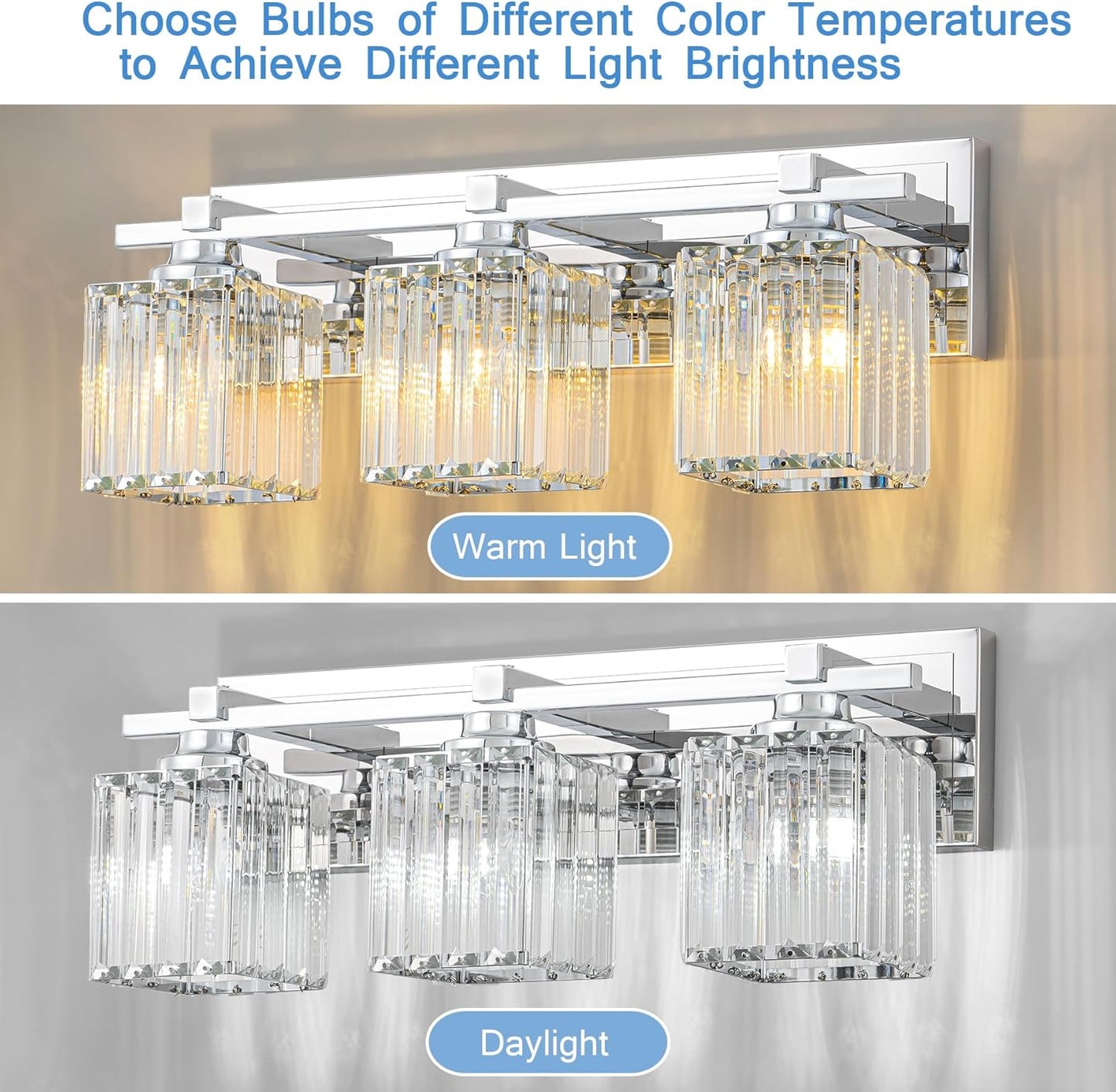 Crystal Bathroom Light Fixtures, 3 Light Chrome Vanity Lighting Over Mirror with Crystal Shades, Modern Bathroom Vanity Light for Restroom, Bath, Cabinet and Powder Room