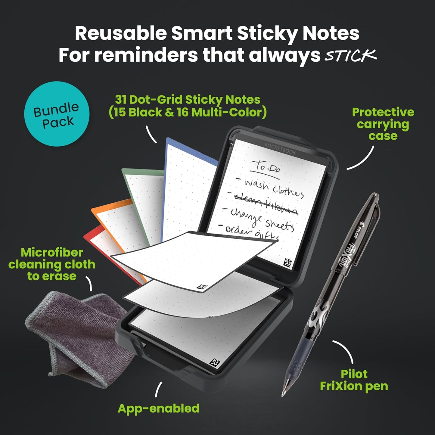 Rocketbook Reusable Sticky Notes, Restick and Reorganize Memo Pads, 3"x3", 16 Multi-Colored and 15 Black Sticky Notes, Includes Pen, Towel + Carrying Case (Kit of 2)