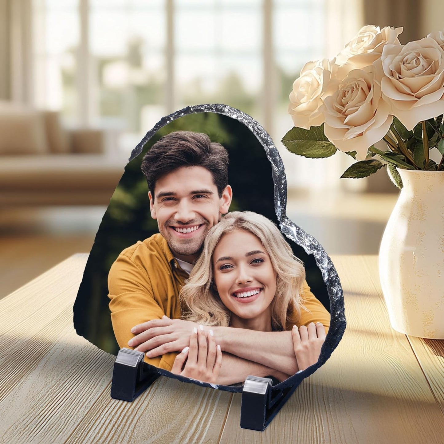 ArtPix 3D Christmas Personalized Slate Plate, Customized Xmas Photo Print Stone, Custom Picture Gift for Wife, Women, Family, Her, Him, Rock Slate Plaque Frame (Medium - Heart Shape)