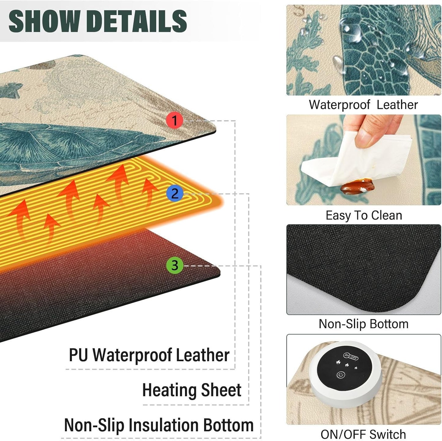 Heated Desk Pad Mouse Pad 31.5x13 Inch PU Leather Desk Mat with 3 Heat Levels Large Mouse Gaming Computer Laptop Mat Retro Sea Turtle Compass