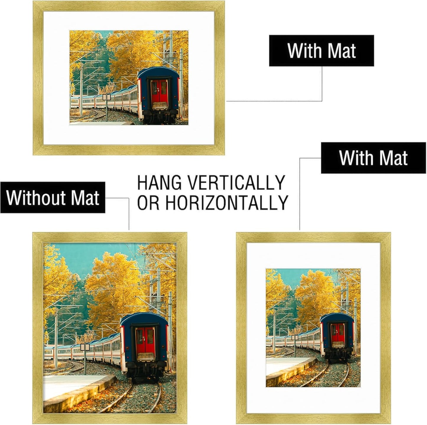 Golden State Art, 11x14 Picture Frame with Mat for 8x10 - High Definition Glass Wall Mounting Horizontal Vertical Display (Gold, 2 Pack)