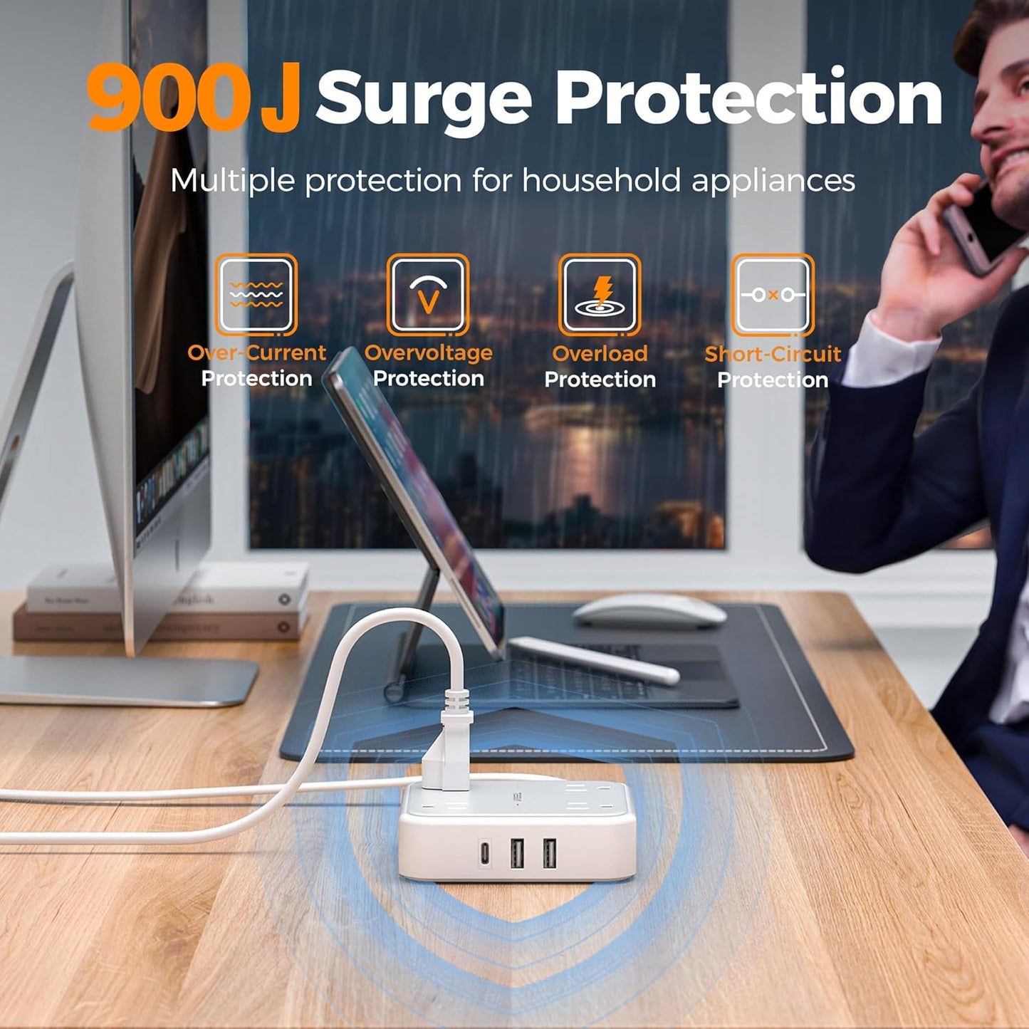 Surge Protector Power Strip, TESSAN Ring Pull Flat Plug Extension Cord 10 Ft with 3 USB (1 USB C) 4 Outlets, 900 Joules Protection, Desktop Charging Station for Home, Office, College, Dorm Room, Gray