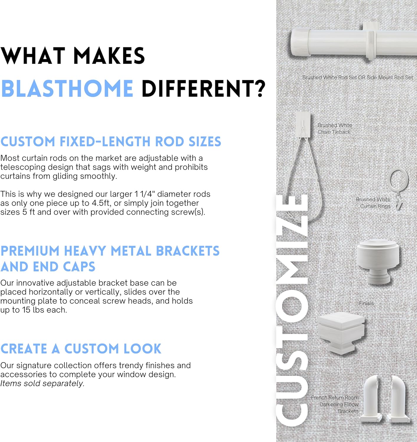 BlastHome® Non-Adjustable Luxury Curtain Rods for Windows, 1 ¼” Rod Set, 3 1/2 foot Fixed Length, Brushed White