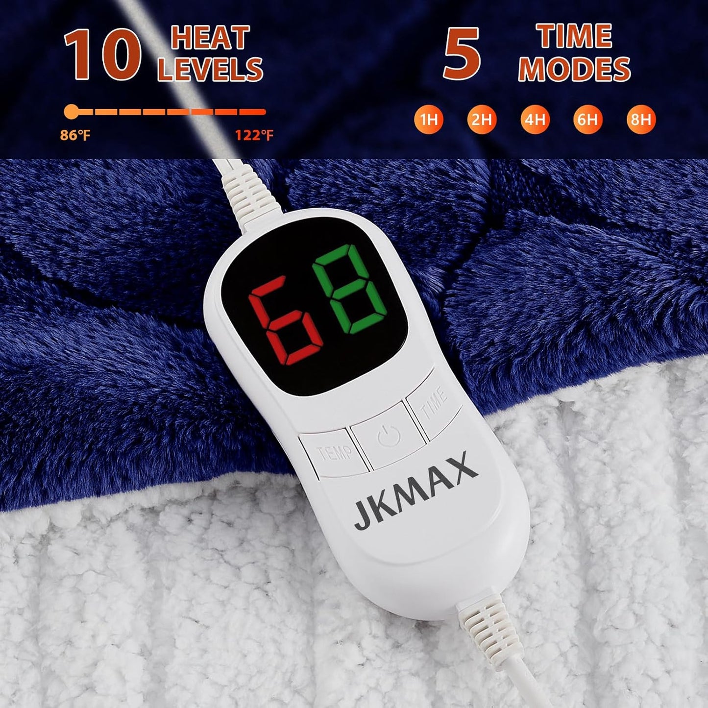 Heated Electric Blanket- Electric Throw Blanket 100"x90" for Bed- 5 Heating Levels& 4 Hours Auto Off for Home Office - Soft Faux Fur Fabric for Full Body(Navy Blue)