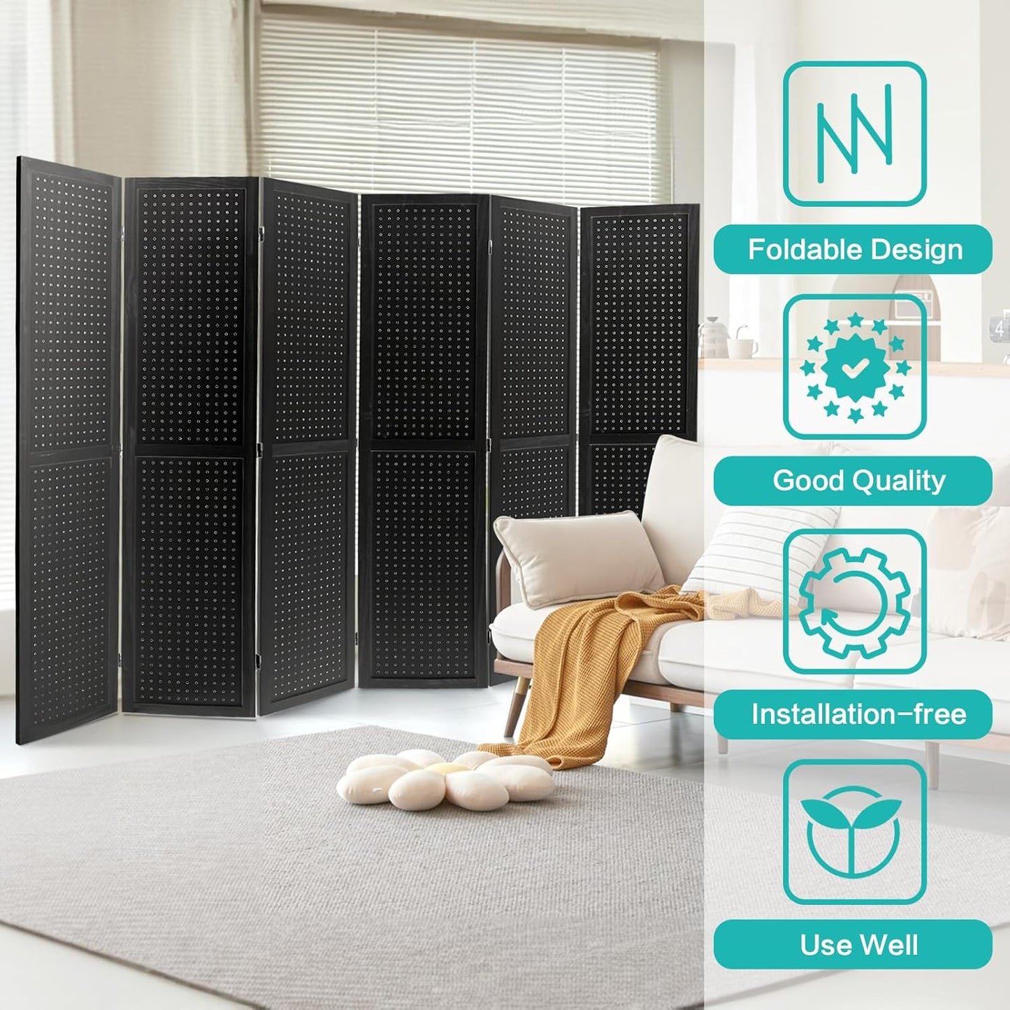 Babion 6 Panel Pegboard Display, Peg Board Room Divider Freestanding Folding Privacy Screens Display Stand for Craft Shows (Black)