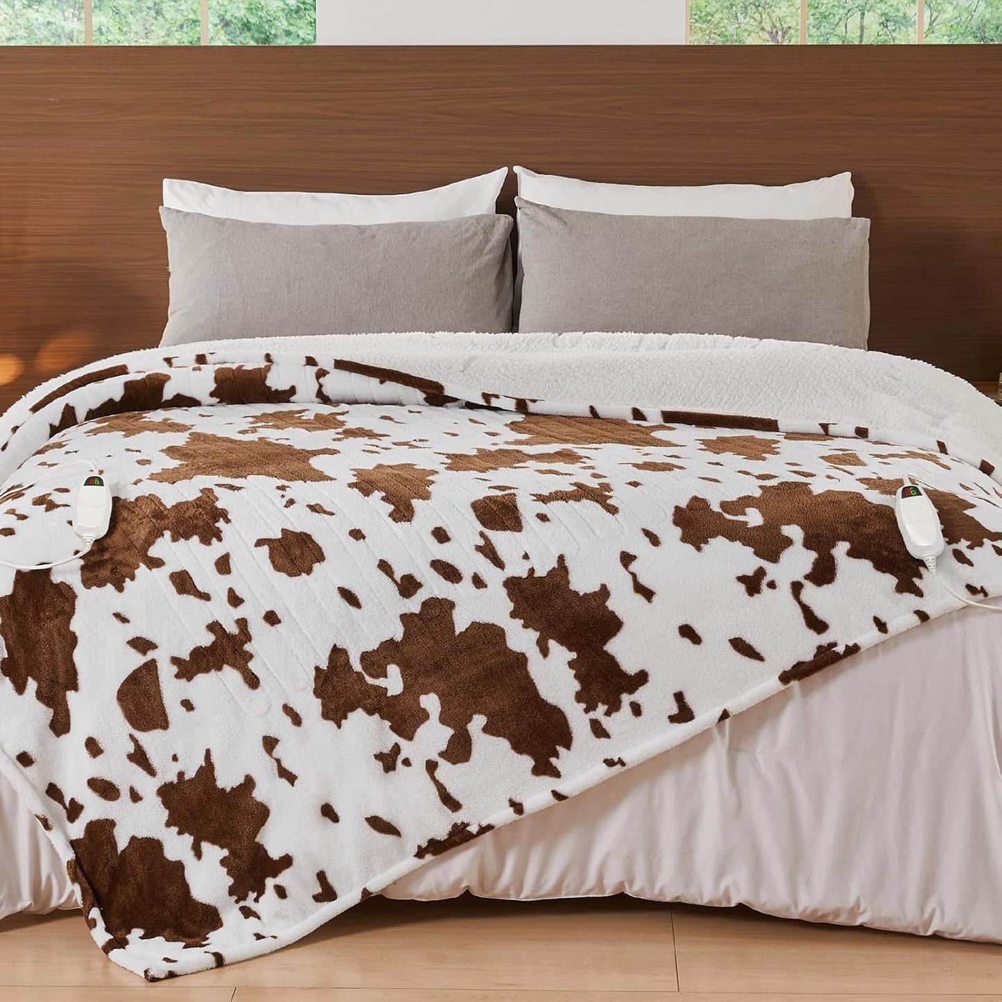 Cow Print Electric Heated Blanket King Size,90X100 Brown Heating Blanket King with Dual Control&Timer&10 Heat Levels,Highland Cow Decor Fleece Sherpa Blankets Warmer Gifts for Bed Women Adults