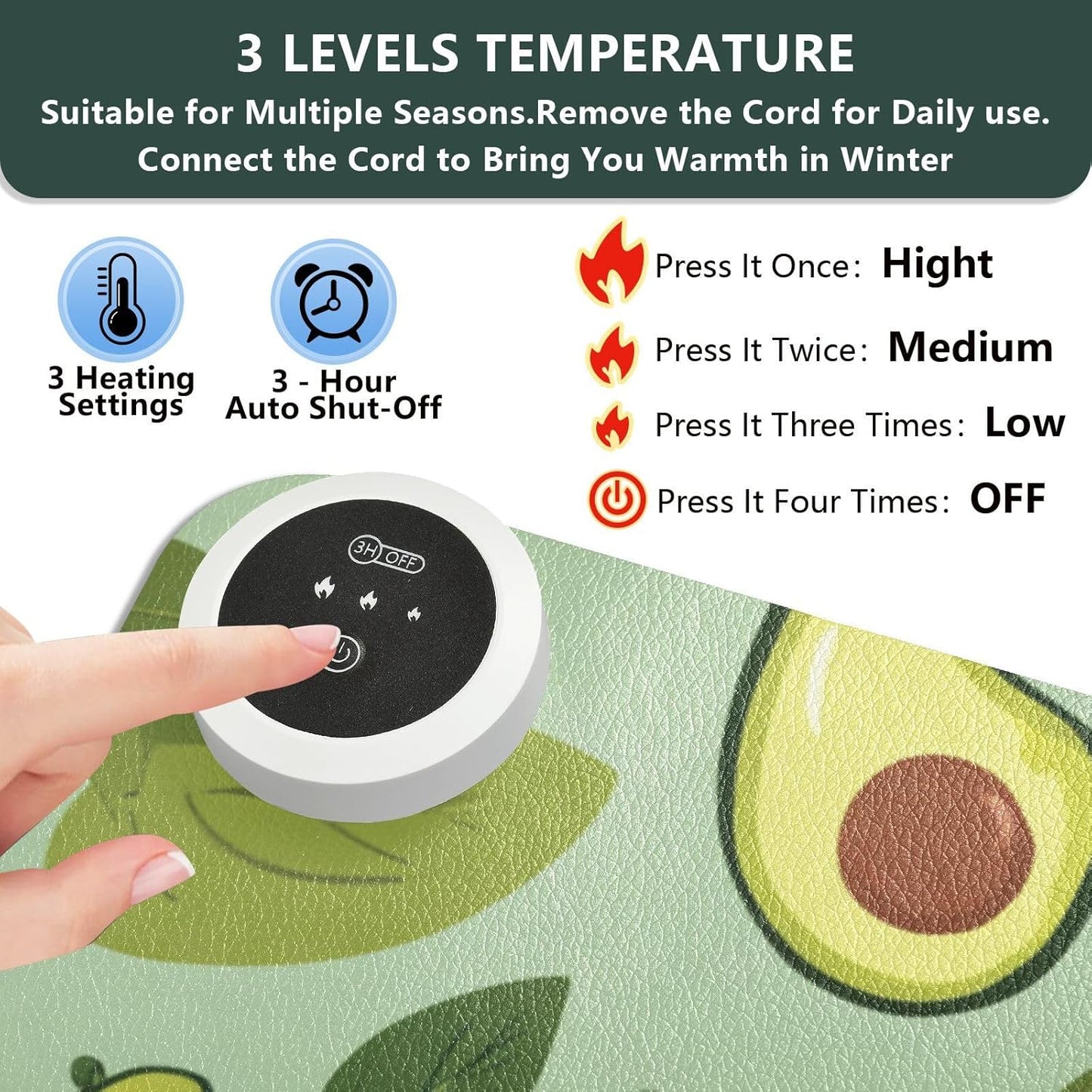 Heated Desk Pad Mouse Pad 31.5x13 Inch PU Leather Desk Mat with 3 Heat Levels Large Mouse Gaming Computer Laptop Mat Green Cute Avocado and Leaves