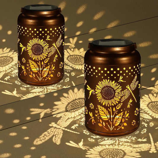 2 Pack Solar Lanterns Outdoor Waterproof, Dragonflies Garden Decor Gifts for Women Mom Grandma Hanging Solar Lights Metal Decoration Outside for Yard, Pati(Sunflowers)