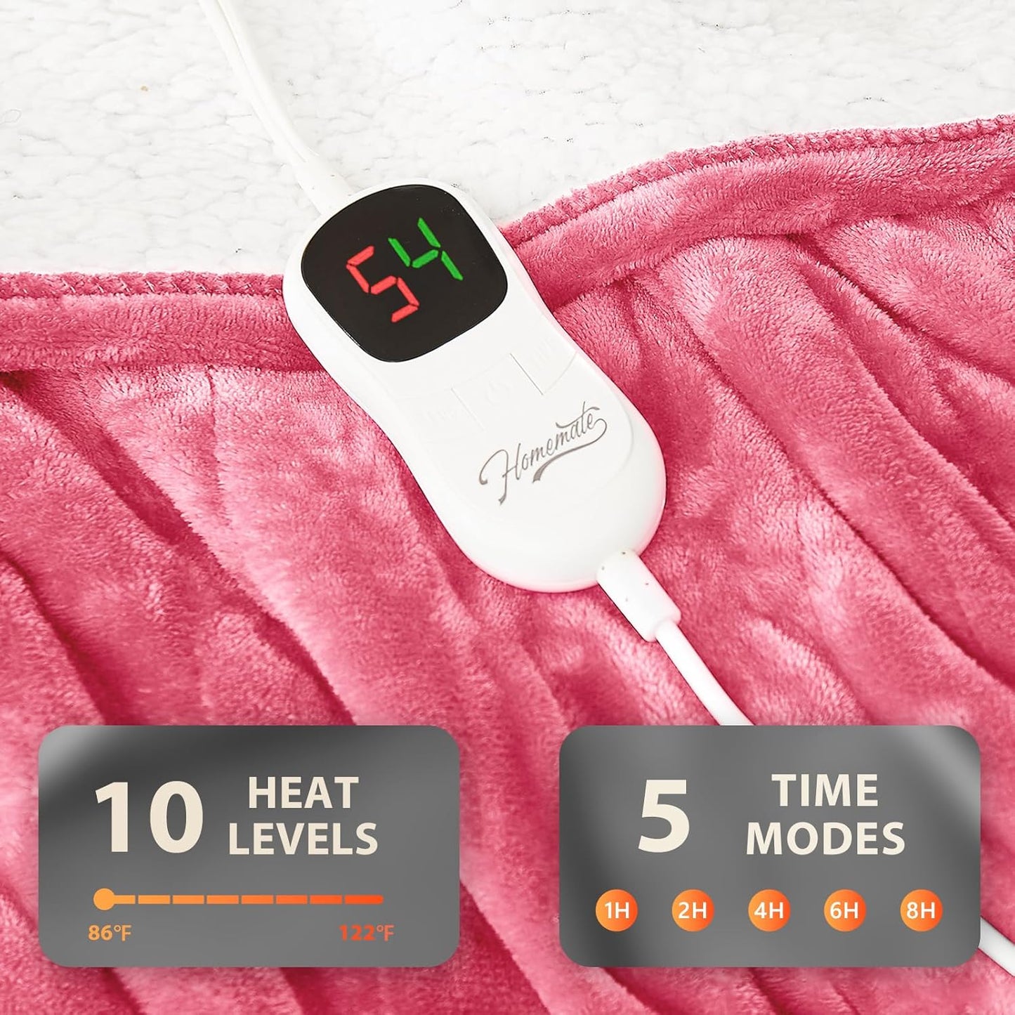 Homemate Electric Heated Blanket Twin - 62"x84" Heating Bed Blankets Throw with 10 Heating Levels 8 Hours Auto Off Fast Heating Over-Heated Protection Ultra Soft Warm Flannel ETL Certified