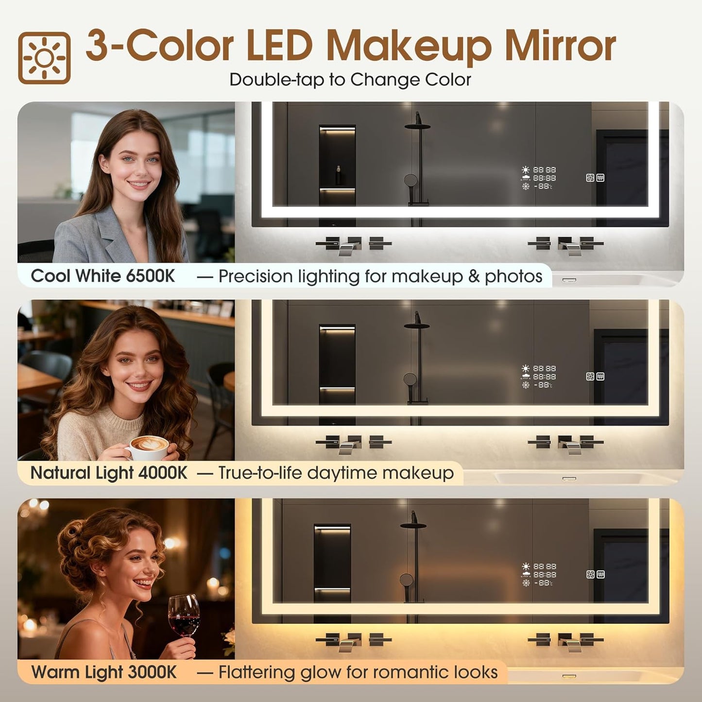 STARLEAD 24"x32" LED-Bathroom-Mirror-with-Lights, Wall-Mounted with Clock, Anti-Fog, 3 Color Temperature, Dimmable Brightness, Waterproof, Tempered Glass, Frontlit & Backlit