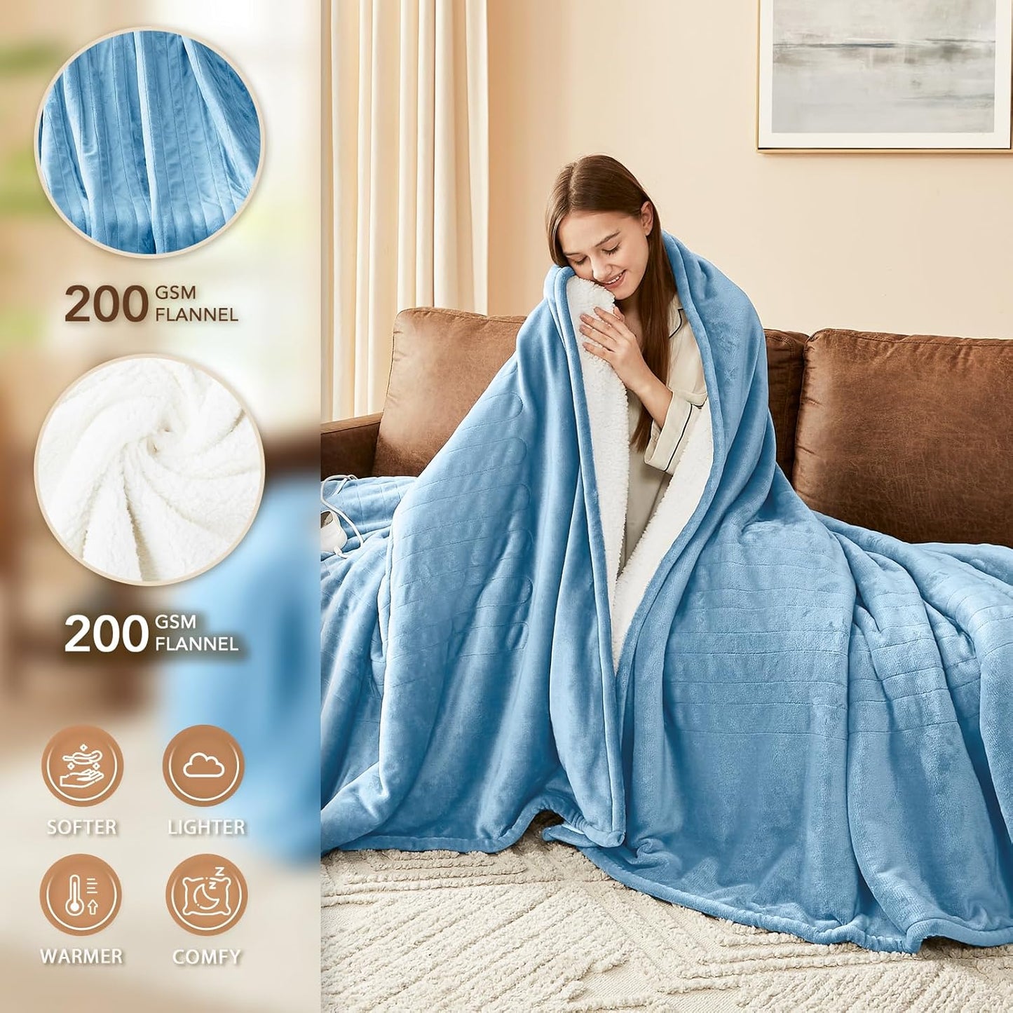Homemate Heated Electric Blanket Queen Size - 84"x90" Heating Bed Blanket Throw with 10 Heating Levels 8 Hours Auto Off Fast Heating Over-Heat Protection Ultra Soft Flannel ETL Certified, Blue