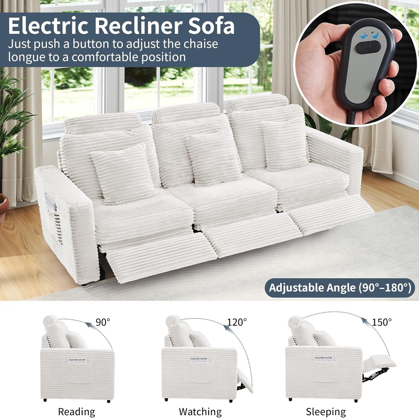 LEVNARY Modular Power Recliner Chair, Faux Rabbit Fur Upholstered Single Seat with Electric Lift Function, Compatible with Modular Sofa System (White)