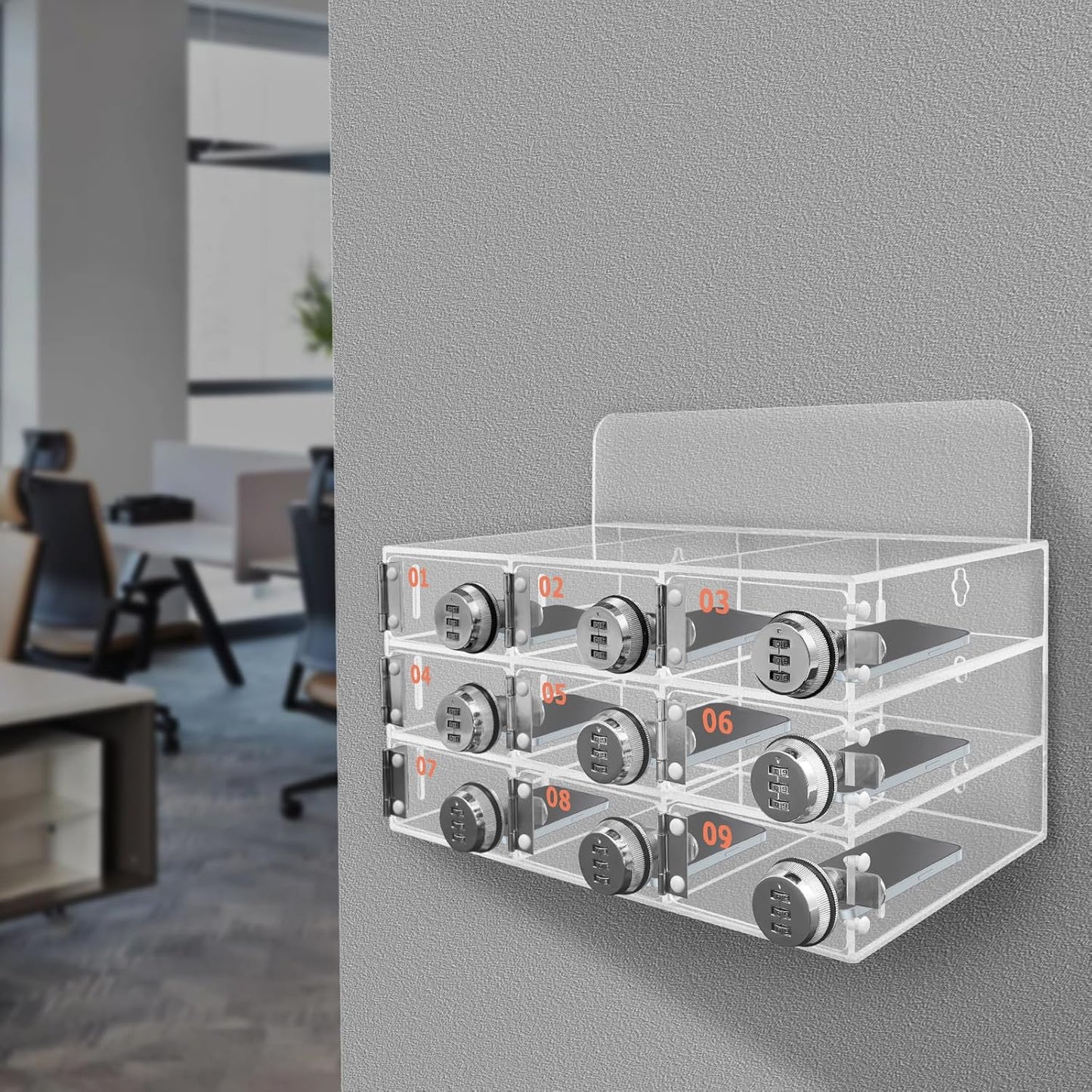 Cell Phone Locker Box 9 Slots Cell Phone Organizer Cabinet with Combination Locks Wall-Mounted Locking Cell Phone Storage Box for Classroom Office,Shool,Office (9 Slots, Wood+Acrylic)