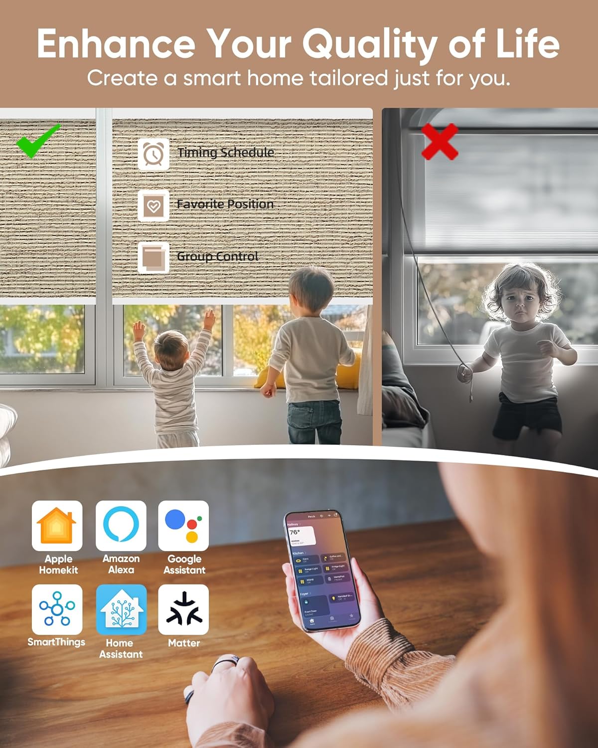 Kincmo Motorized Blinds with Remote,100% Blackout Motorized Roller Shades Work with Apple Homekit,Alexa,Google, Custom Electric Blinds with App,Voice Control (Classic Sandy)