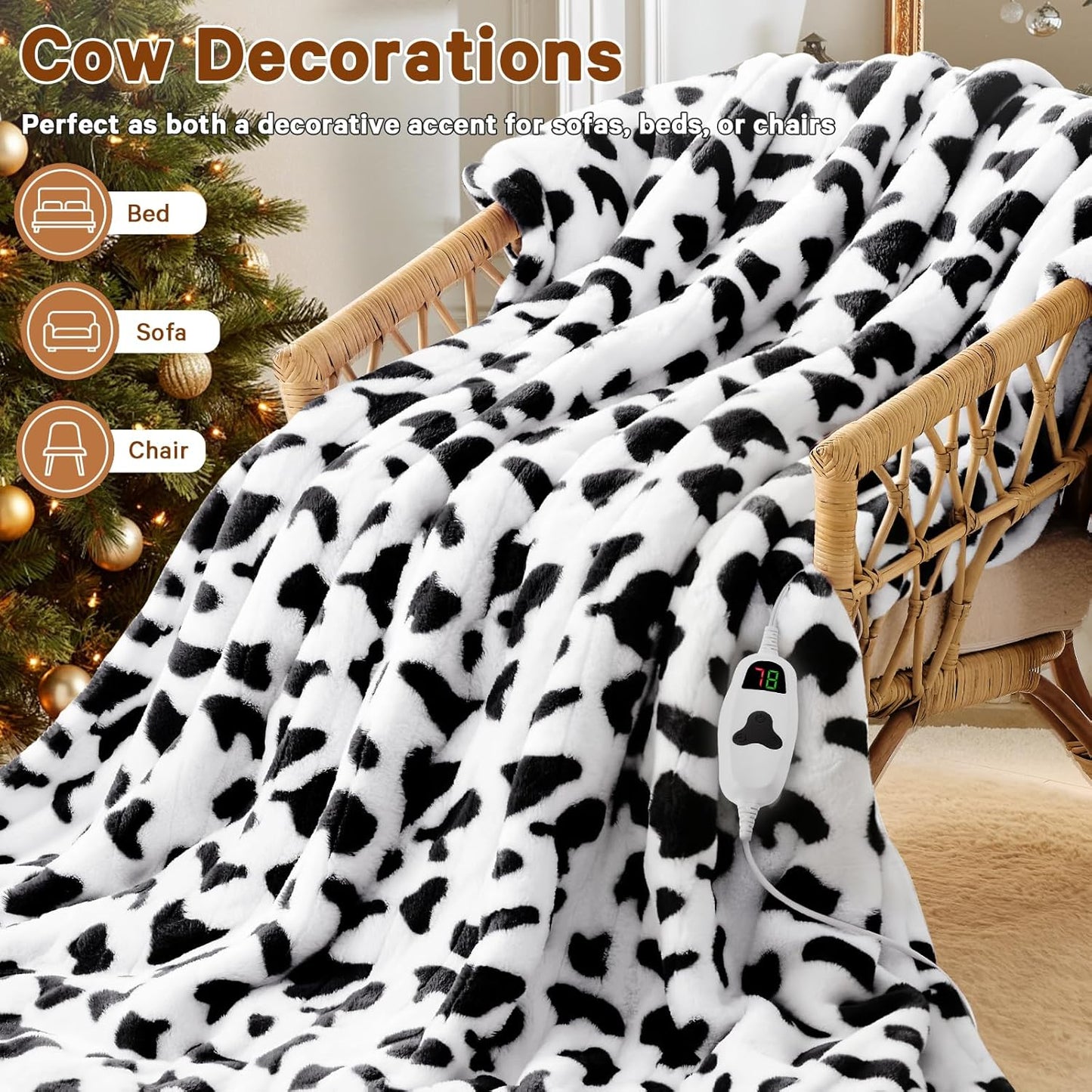 Black Heated Electric Blanket Throw,50X60 Cow Print Heating Blanket with 10 Heats Levels & 8 Hours Auto Off,Cute Cow Decor Stuff Soft Fleece Sherpa Blankets Warmer Gifts for Women Washable