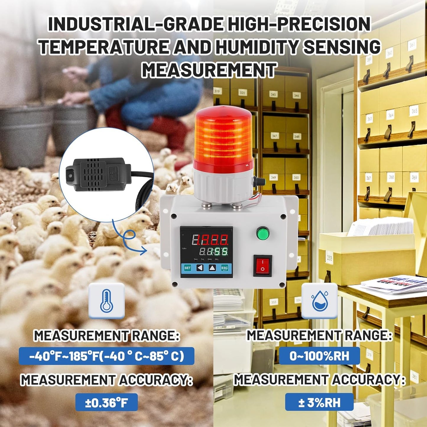JIAWANSHUN Industrial Temperature Humidity Alarm, -40-185℉&0-100%RH,Thermometer Hygrometer Monitor with Independent Alarm Setting,Sound Light Alert & Calibration for Greenhouse,Lab,Cold Chain&Granary