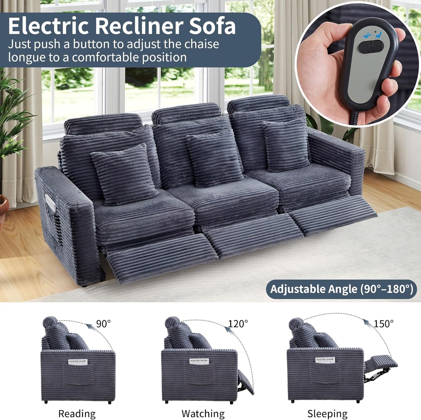 LEVNARY 3-Seater Modular Reclining Sofa, Faux Rabbit Fur Power Recliner Couch with 3 Electric Seats, 3 Pillows & Side Pockets, Adjustable Back & Footrest, Living Room Furniture (Gray)