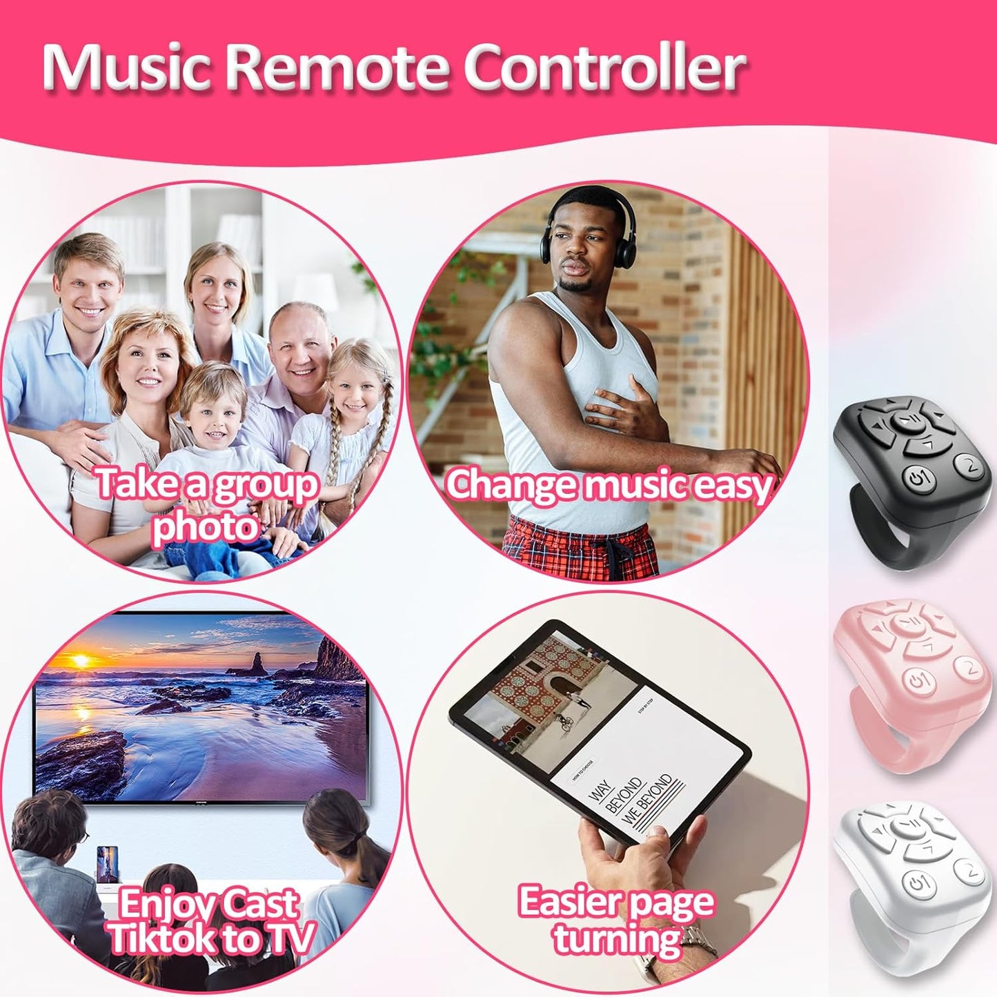 TikTok Scrolling Ring - Bluetooth Remote for TikTok Clips & Tunes, iPhone-Compatible Fingertip Wireless Bluetooth Controller, Ideal for iPad, iOS & Android, with Lively Camera Shutter(Black-2Pcs)