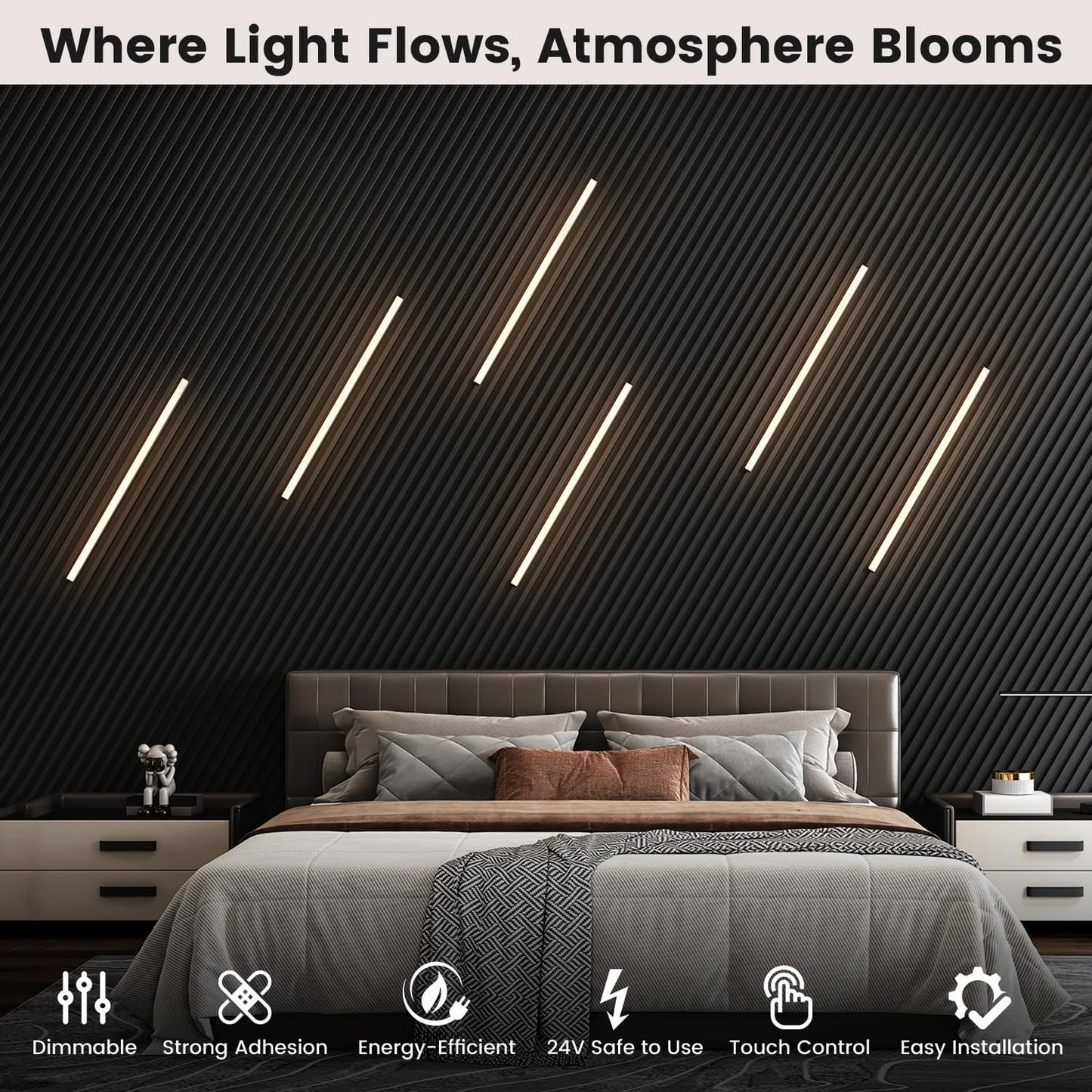Wall Led Lights - GloryAir 6pcs Black 3000K Warm White Led Panel Light Strips, Self-Adhesive Dimmable Touch Switch Wall Slat Lights for Wood Slat, Fluted Panel, Bedroom Headboard