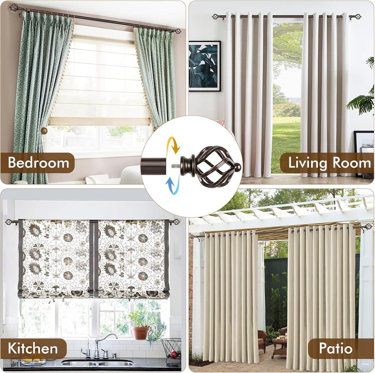 KAMANINA Bronze Curtain Rods for Windows 48 to 84 Inch, Adjustable Single Curtain Rod 32 to 86 Inch(2.6-7.1ft), 3/4 Inch Splicing Drapery Rods with Twisted Cage Finial