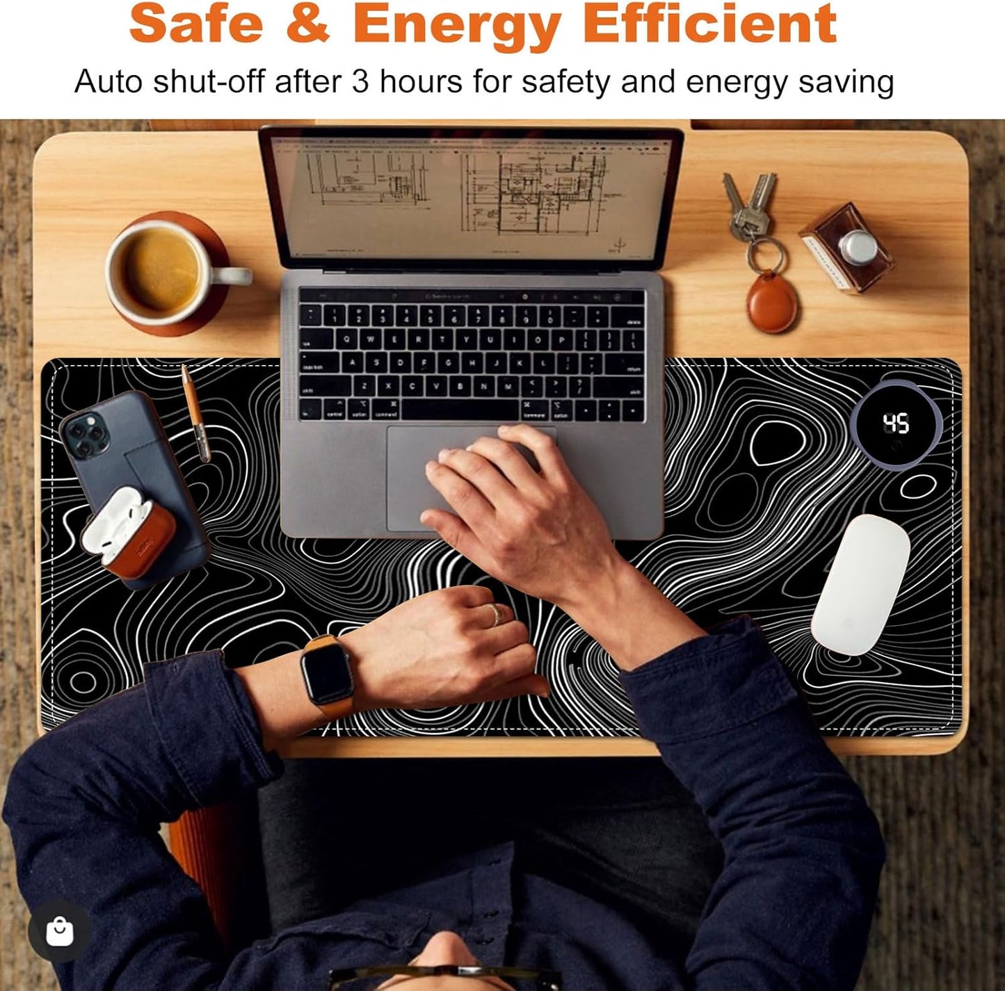 Heated Mouse Pad for Desk 31.5" x 13" – PU Leather Warm Desk Pad with 3 Heat Levels (104°F/113°F/122°F), Plug-in Electric Heating Mat with Auto Shut-Off, Waterproof & Rollable, Topographic Lines