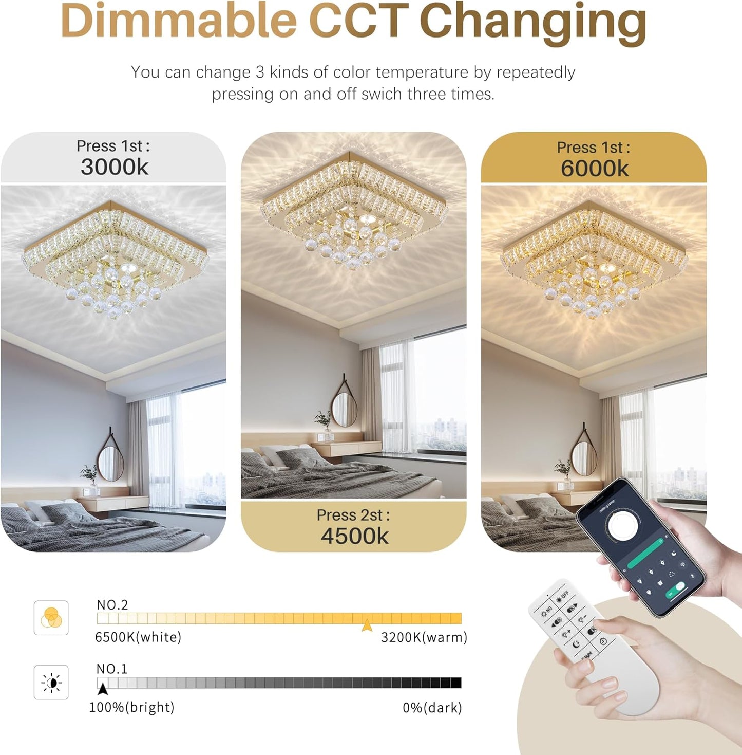 18 inch Crystal Flush Mount Gold Chandelier Remote/APP, Modern Raindrop LED Ceiling Light, 3CCT Dimmable & Brightness Adjustable,Elegant Chandeliers for Bedroom Hallway Dinning Room Living Room