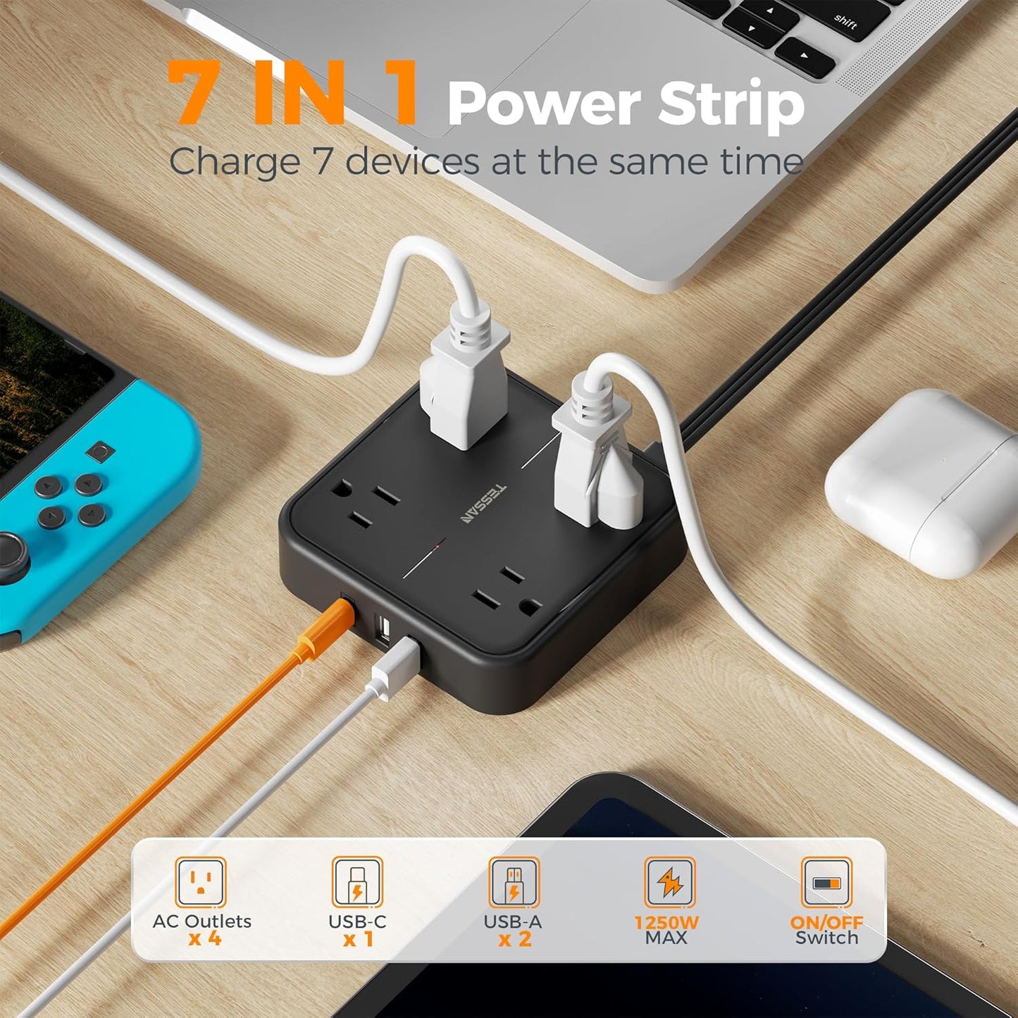 Surge Protector Flat Extension Cord 15FT, TESSAN Flat Plug Power Strip with 4 Outlets 3 USB C Ports (1 USB C), 900 Joules Protection, Multiple Wall Outlet Extender Suitable for Home Office Dorm, Black