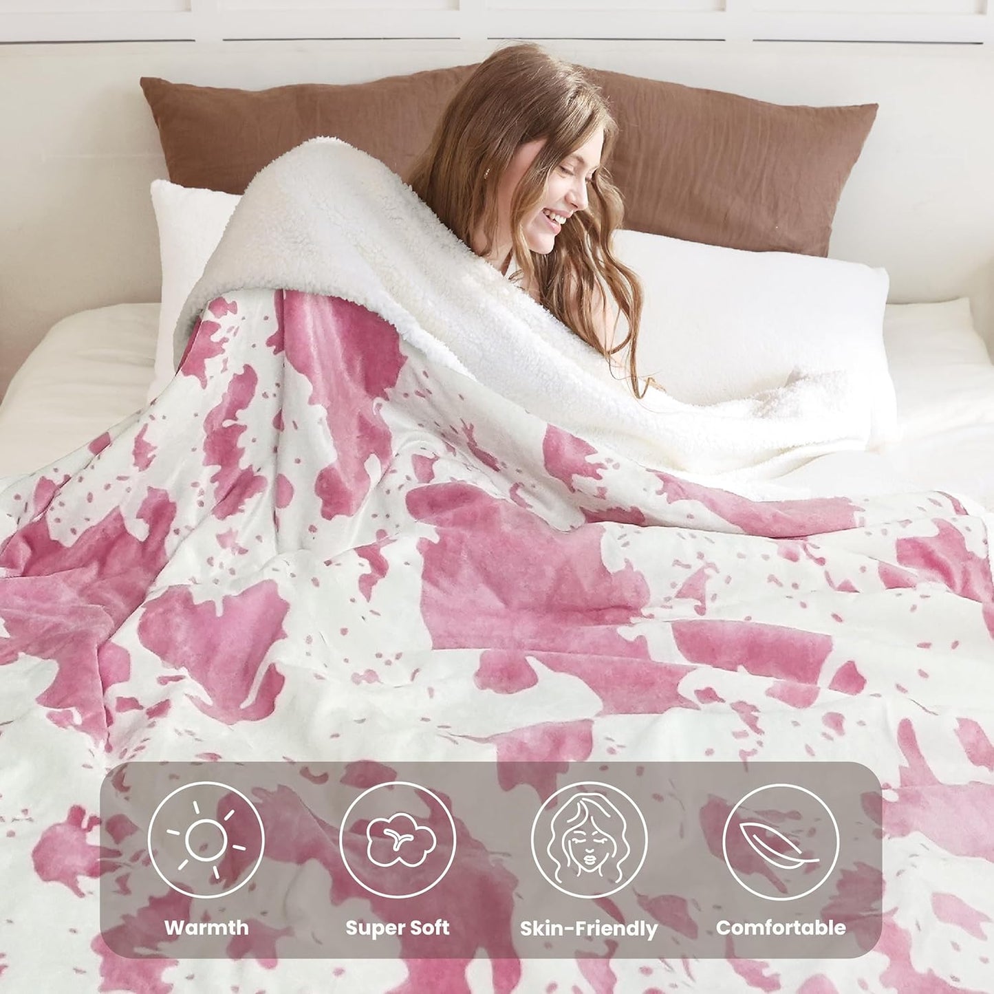 Cow Print Heated Electric Blanket King Size-Heating Blanket King Size with 10 Heat Levels & 10 Hours Auto-Off, Cozy Soft Fleece Sherpa, Washable, 90x100 Inche Cow Print Pink