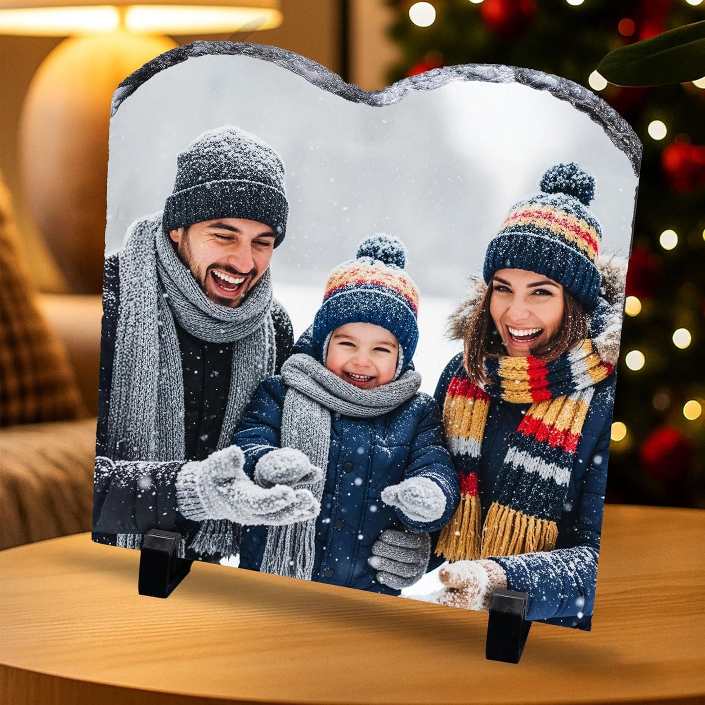 ArtPix 3D Christmas Personalized Slate Plate, Customized Xmas Photo Print Stone, Custom Picture Gift for Wife, Women, Family, Her, Him, Rock Slate Plaque Frame (Medium - M Shape)