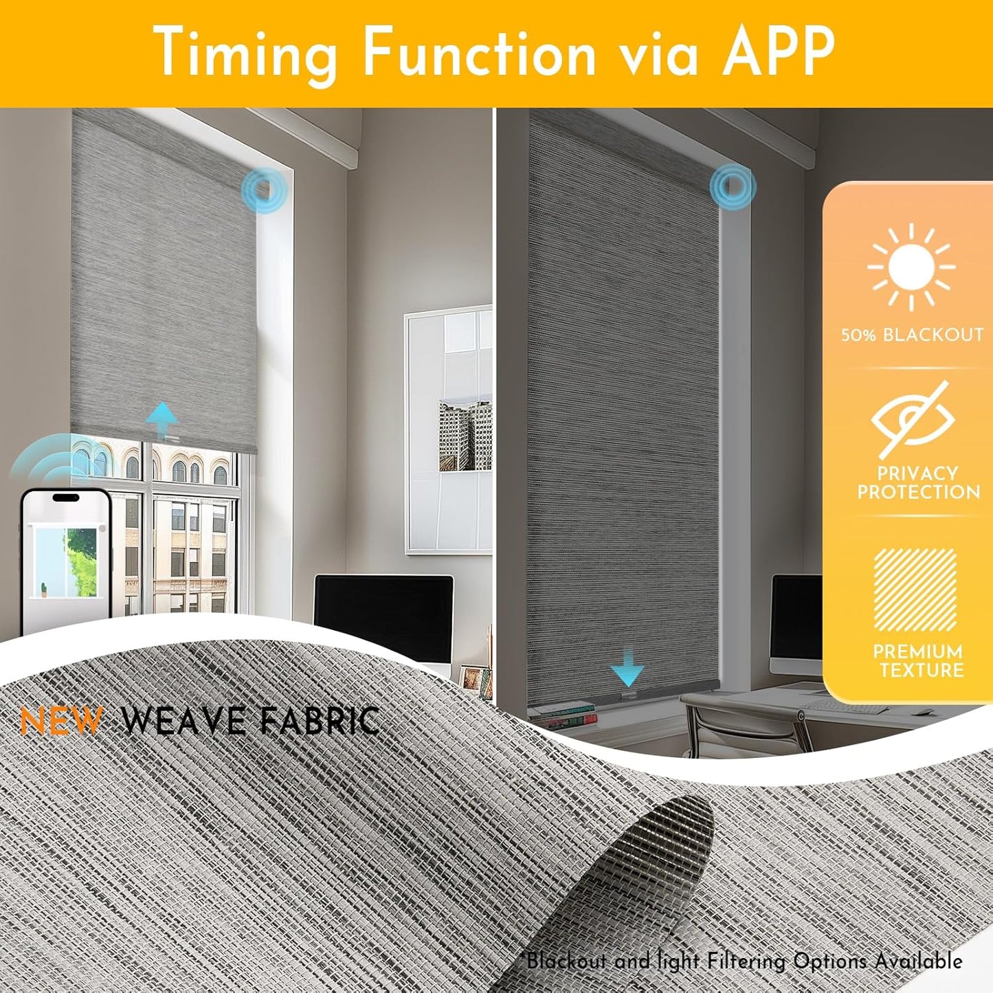 Persilux Smart Motorized Blinds with Remote, No Drill Automatic Roller Shades for Indoor Windows, Light Filtering Linen Fabric, Electric Blinds for Windows, Weave Blend Smoke C162-7, Custom Size