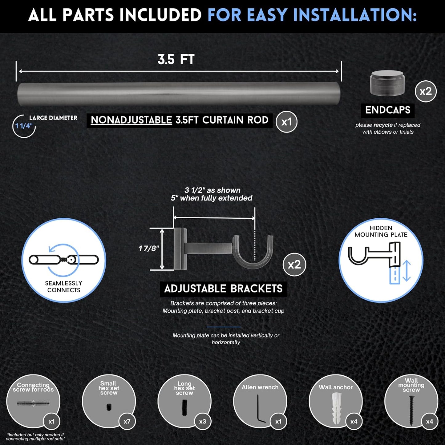 BlastHome® Non-Adjustable Luxury Curtain Rods for Windows, 1 ¼” Rod Set, 3 1/2 foot Fixed Length, Gunmetal/Pewter