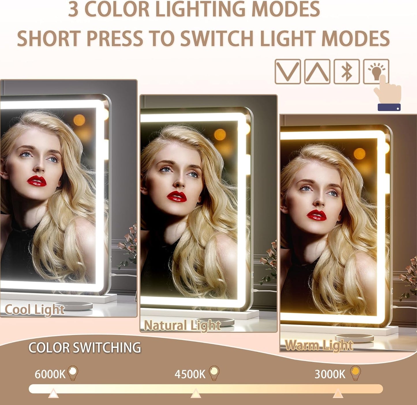 Hasipu Vanity Mirror with Lights and Bluetooth Speaker, 47.2" x 29.5" LED Makeup Mirror, Lighted Makeup Mirror with Dimmable 3 Modes, Touch Screen Control Vanity Mirror Round White