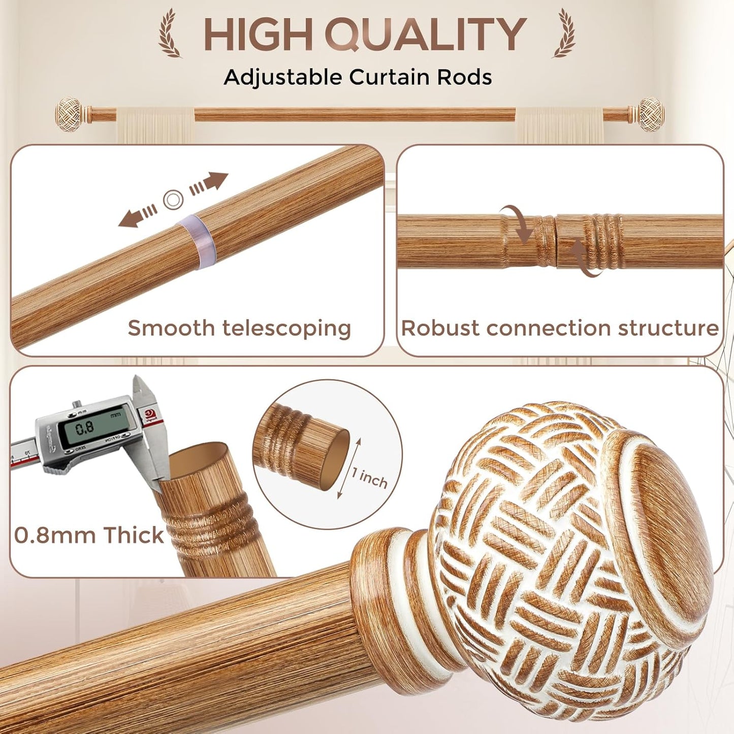 Wood Curtain Rods for Windows 28 to 48 Inches, Decorative 1'' Diameter Heavy Duty Adjustable Rustic Farmhouse Drapery Pole with Boho Imitation Wooden Grain Finials, Size: 30''-60'', Brown